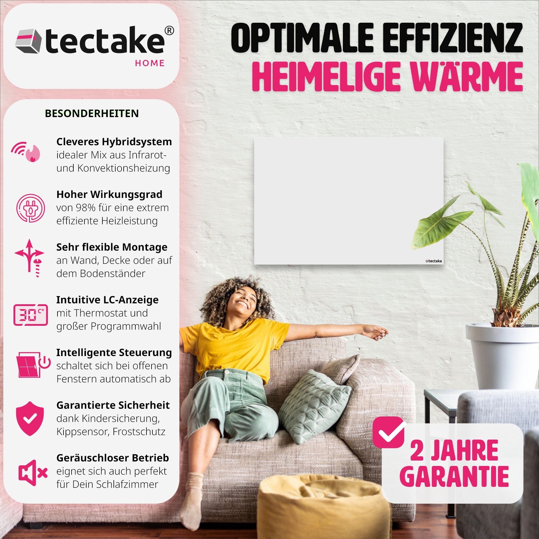 tectake Heizkörper Hybrid-Infrarotheizung mit Thermostat & Kippschutz