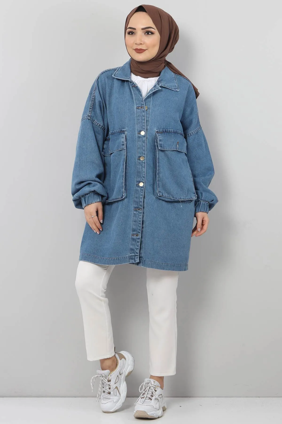 Tesettür Dünyası  Jeansjacke mit elastischen Ärmeln Tsd0088 Hellblau