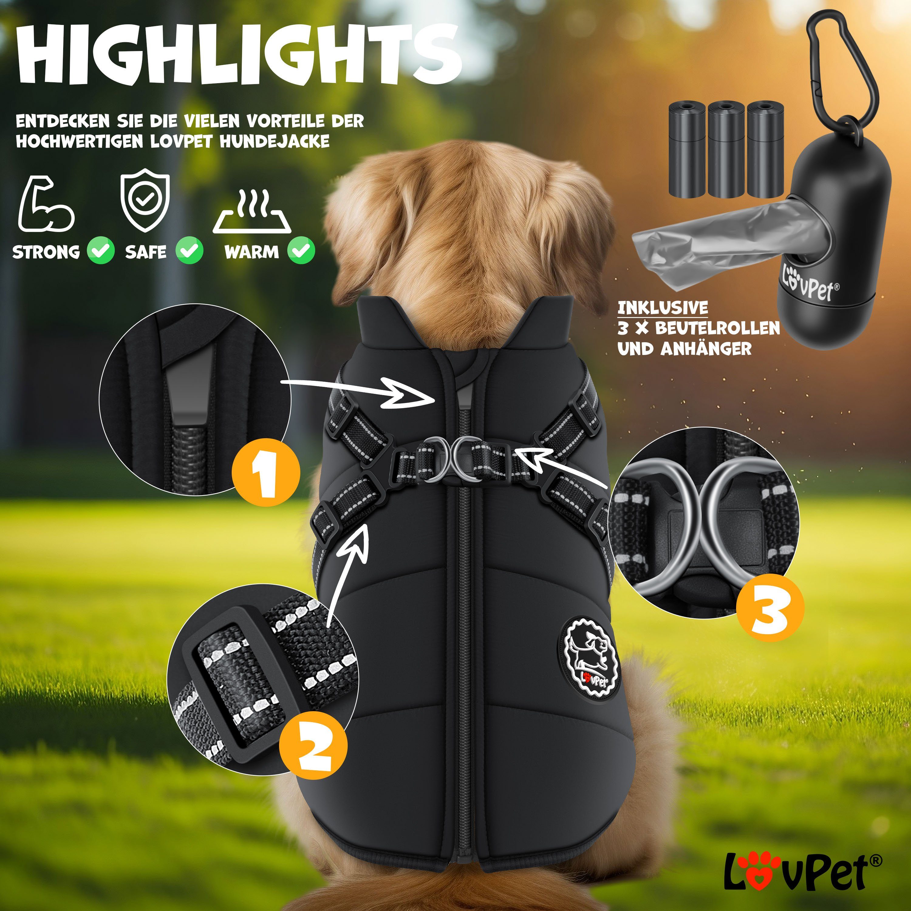 Lovpet Hundejacke, Hundemantel mit Geschirr, inkl. 45 Stück Kotbeutel +Spender