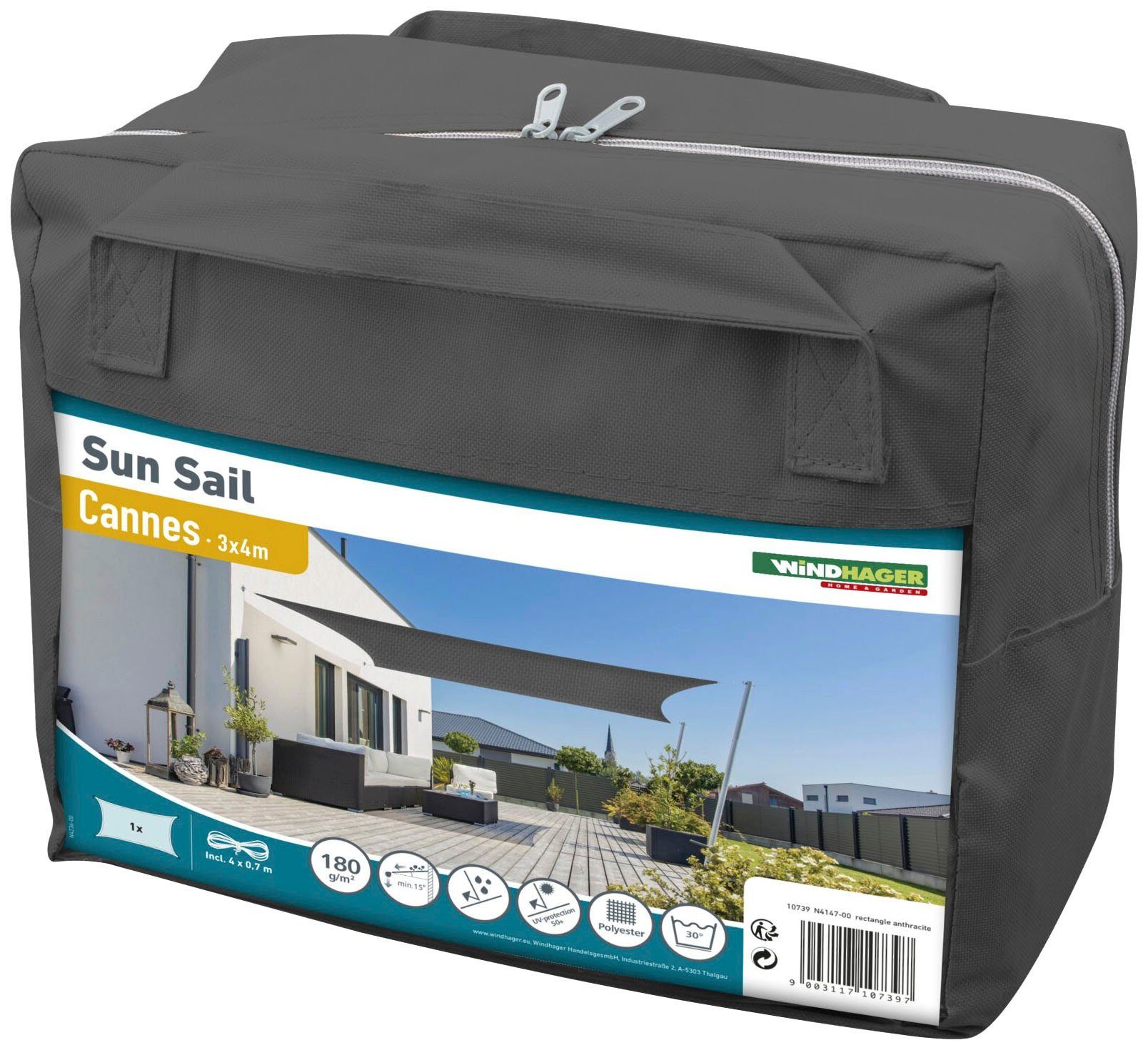 Windhager Sonnensegel Cannes Rechteck, 3x4m, anthrazit