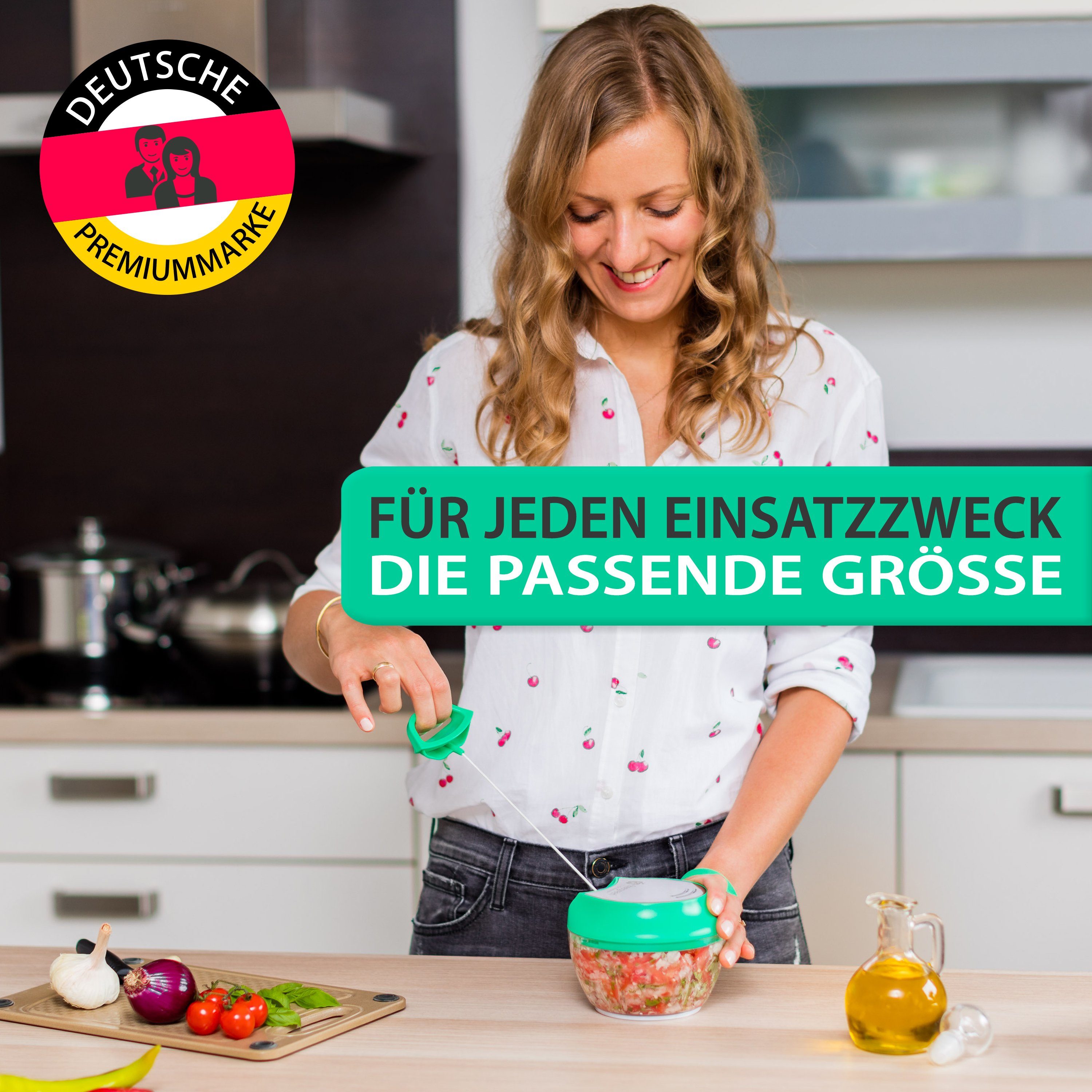 freegreen® Zwiebelhacker 540 ml, Multi-Zerkleinerer I Zwiebelschneider I Universalzerkleinerer, Edelstahl Gemüseschneider mit Mixer-Einsatz und Frischhaltedeckel