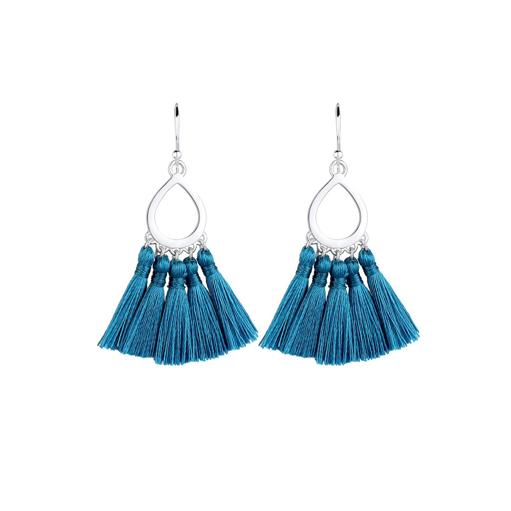 Elli Elli Boucles d'Oreilles Forme de Goutte Boho Festival Pompon Bleu Boucles d'Oreil Boucles d'oreilles