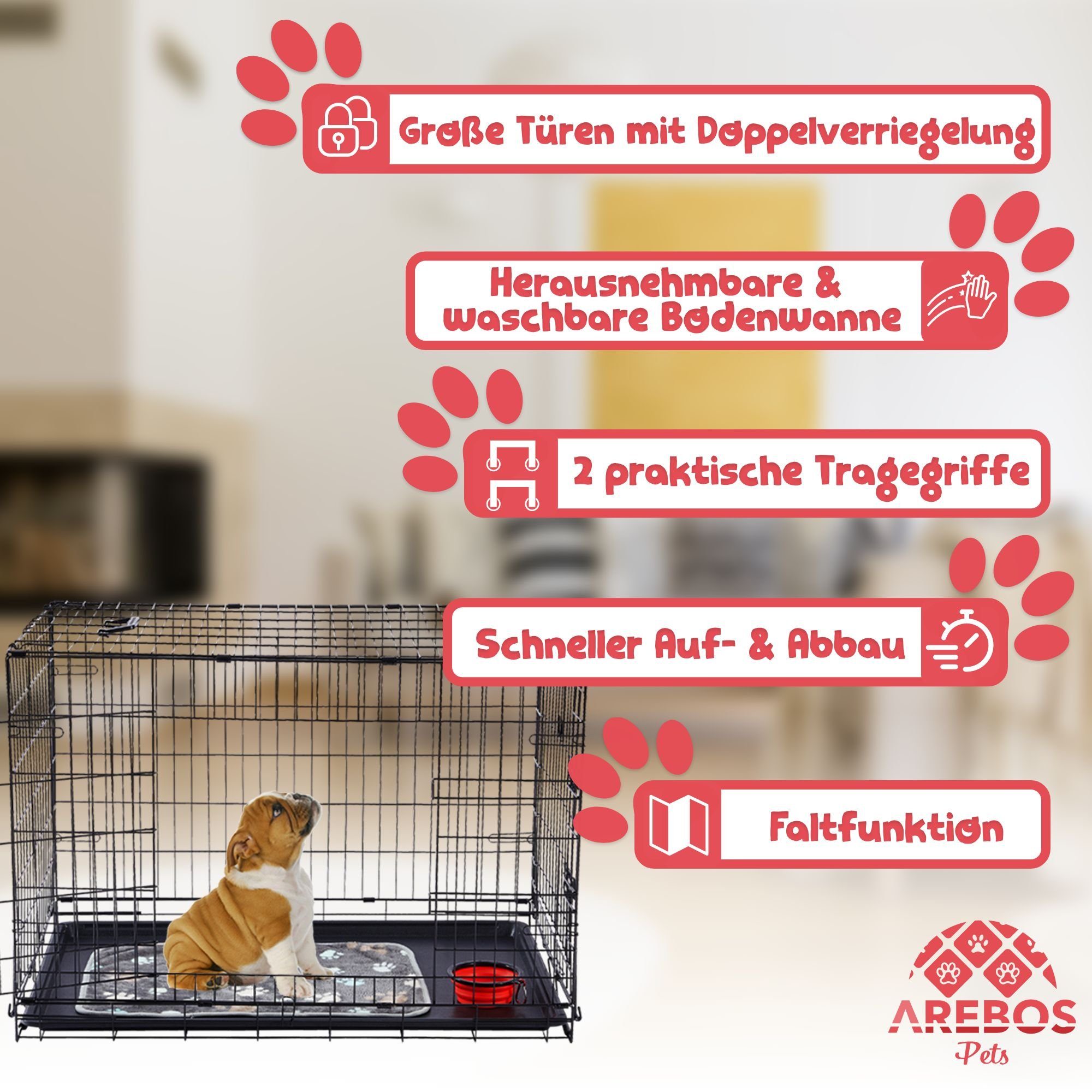 Arebos Hunde-Transportbox Hundekäfig Haustierkäfig Gitterbox klappbar S-M-L-XL bis 11,00 kg, Kuscheldecke