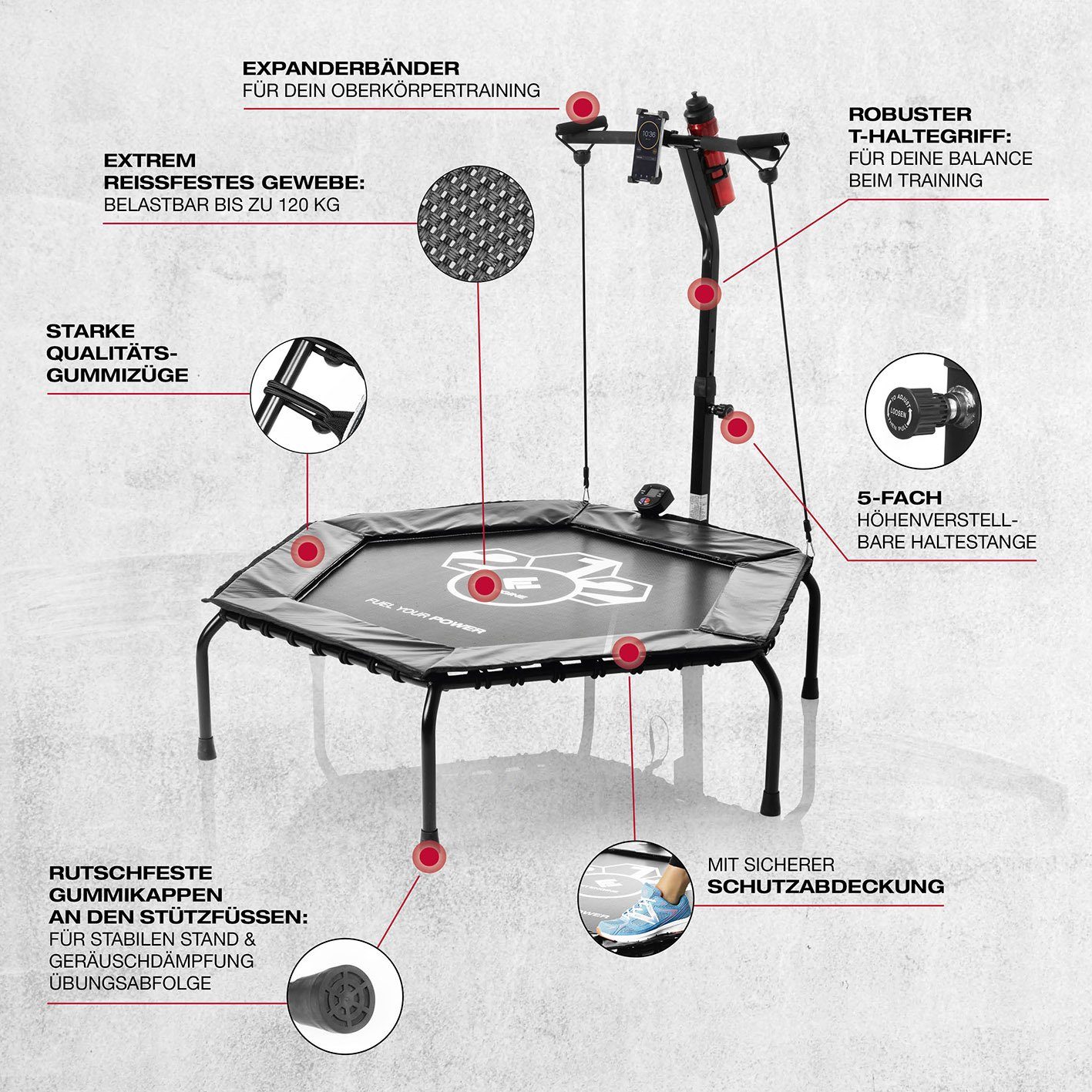 FitEngine Fitnesstrampolin Jumping - Smart - 5 höhenverstellbarer Haltegriff