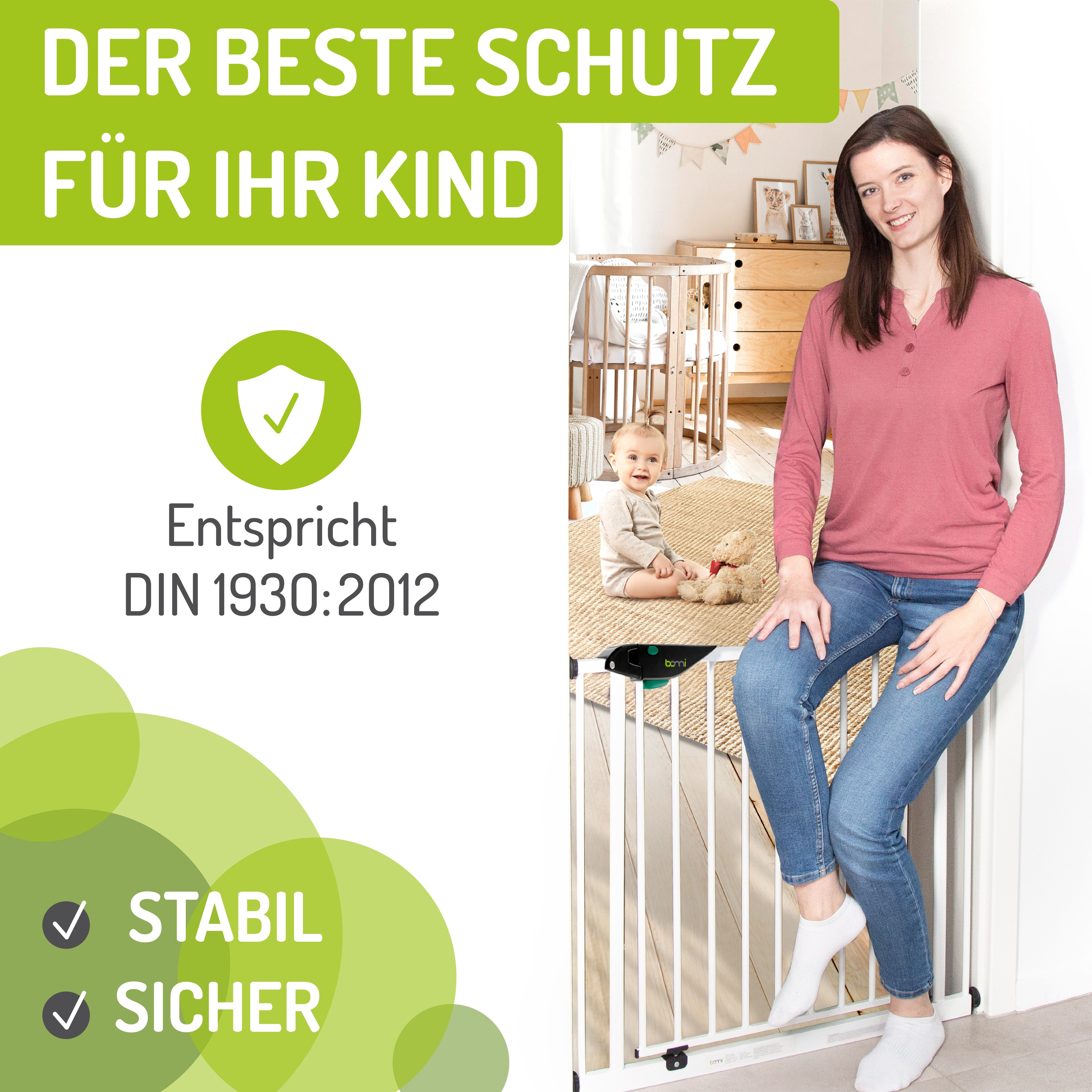 BOMI Türschutzgitter Kinderschutzgitter ohne Bohren Mira 63-251 cm, Babygitter zum Klemmen - 90 Grad Feststellfunktion der Tür