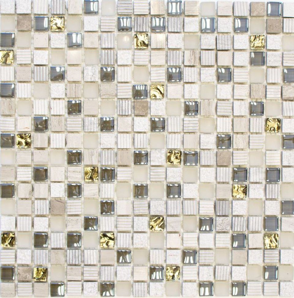 Mosani Mosaikfliesen Glasmosaik Naturstein Mosaik hellgrau gold matt / 10 Matten
