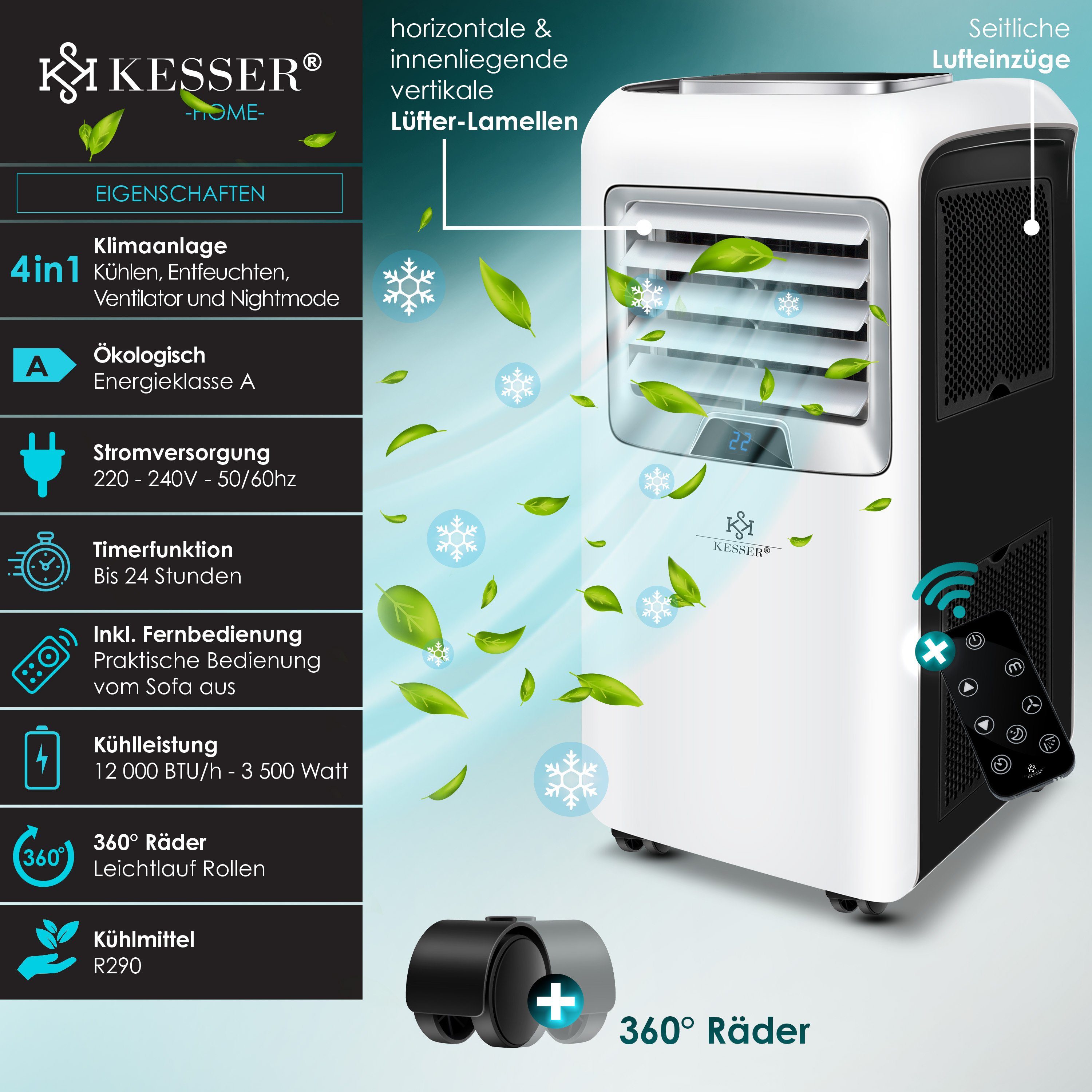KESSER Klimagerät, Klimaanlage Mobiles Klimagerät 4in1 kühlen, Luftentfeuchter