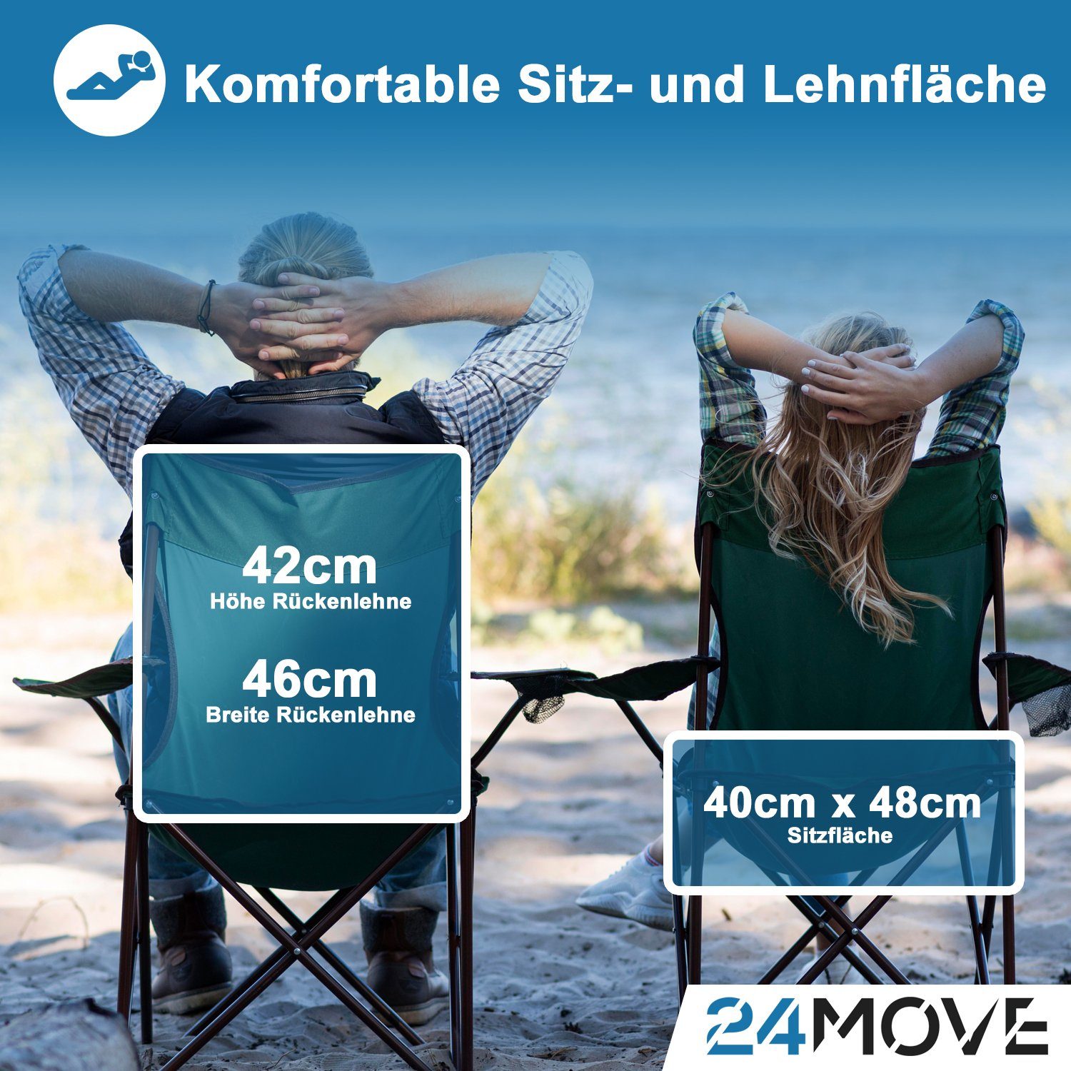 24Move Campingstuhl 24MOVE® Campingstuhl faltbar,Anglerstuhl,Liegestuhl mit Getränkehalter (bis max. 100 kg), mit Tragetasche, blau, Klappstuhl, bis 100kg belastbar