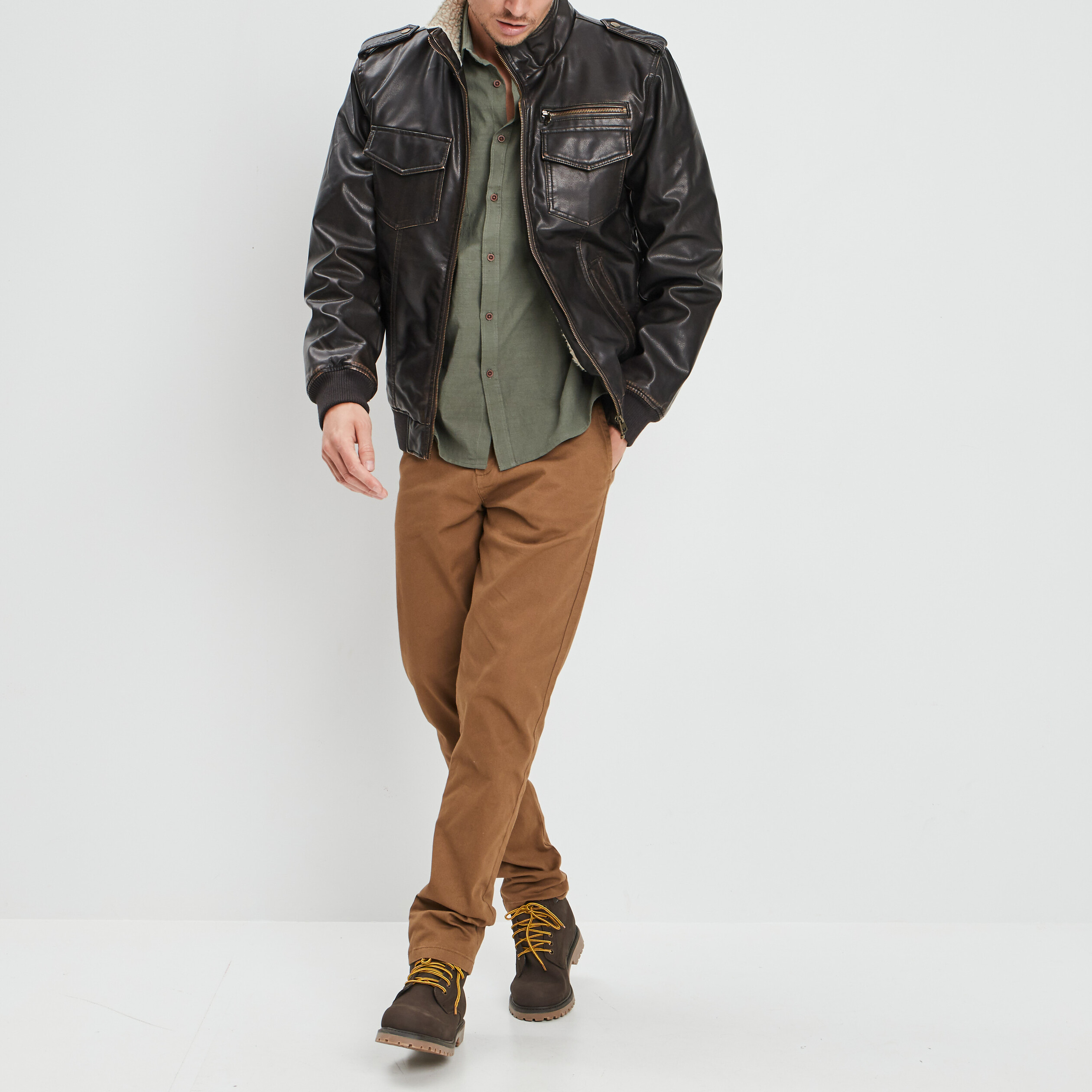 Blouson droit simili cuir marron homme | La Halle