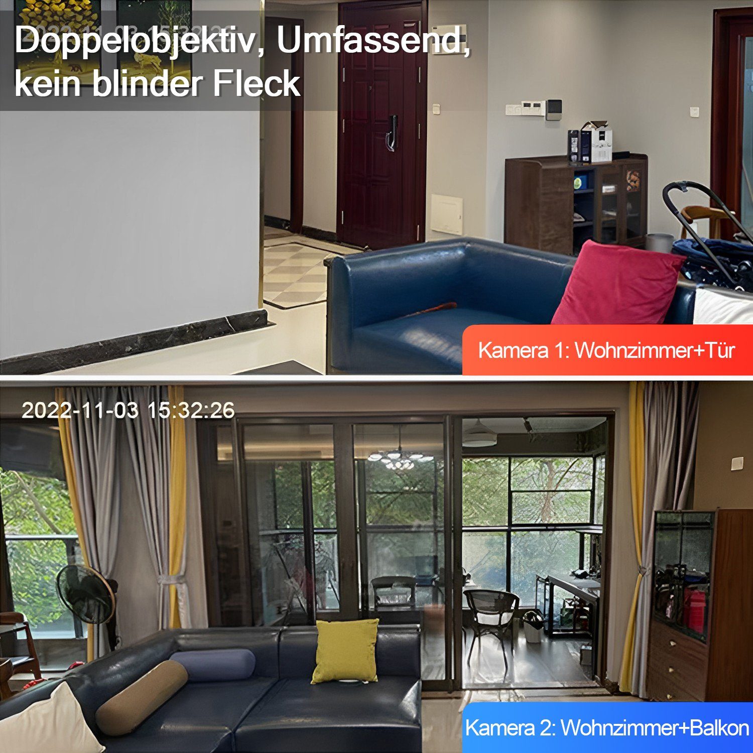Kpaloft 355°-WLAN Überwachungskamera (für den Innenbereich, FHD 1080P Dual-Kamera, 90° verstellbar, Nachtsicht, Bewegungserkennung, APP, Zwei-Wege-Audio, Ton- und Lichtwarnung, für Babys/Haustiere)
