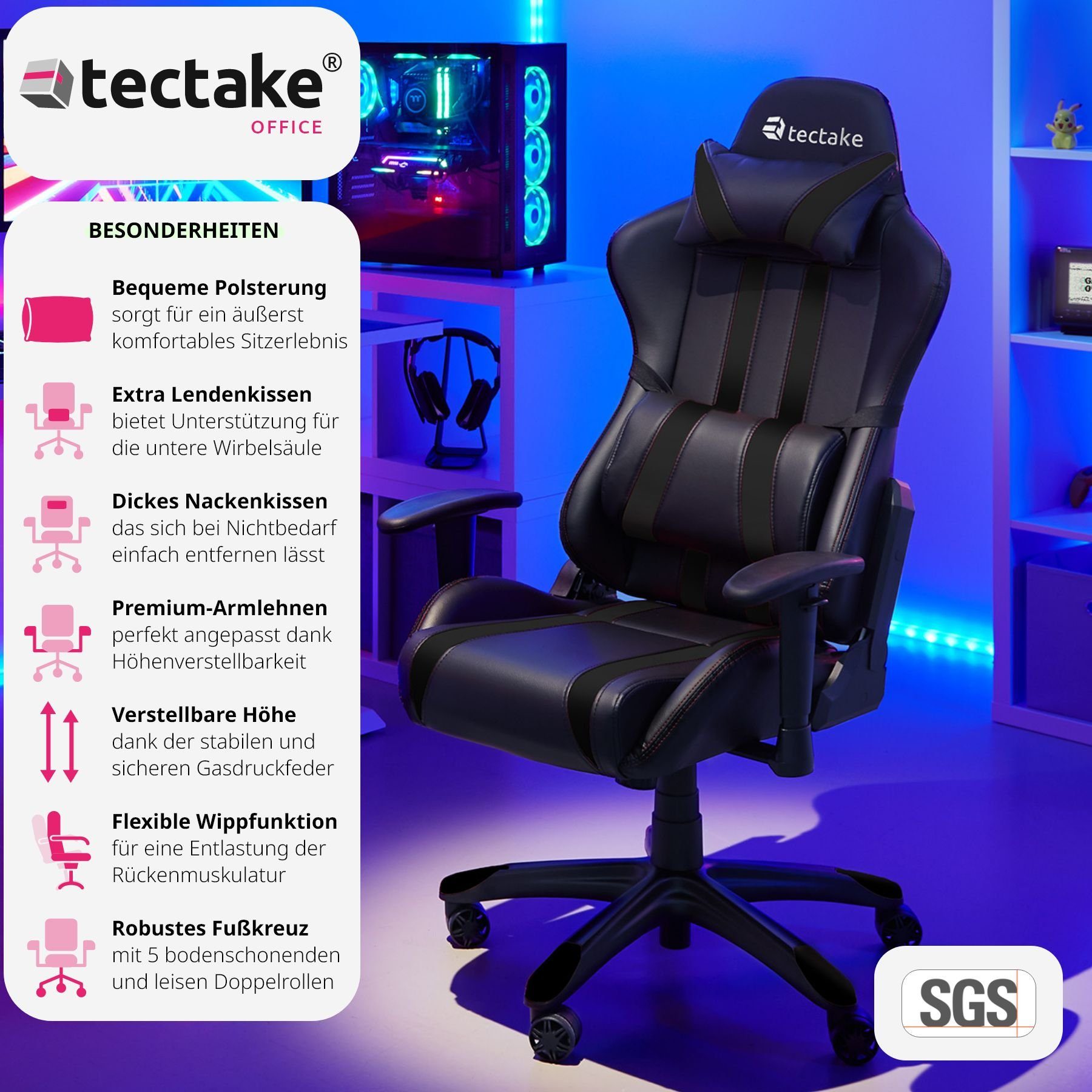 tectake Gaming-Stuhl Premium Racing Bürostuhl mit Streifen (1er, 1 St), Rückenlehne bis 105° verstellbar