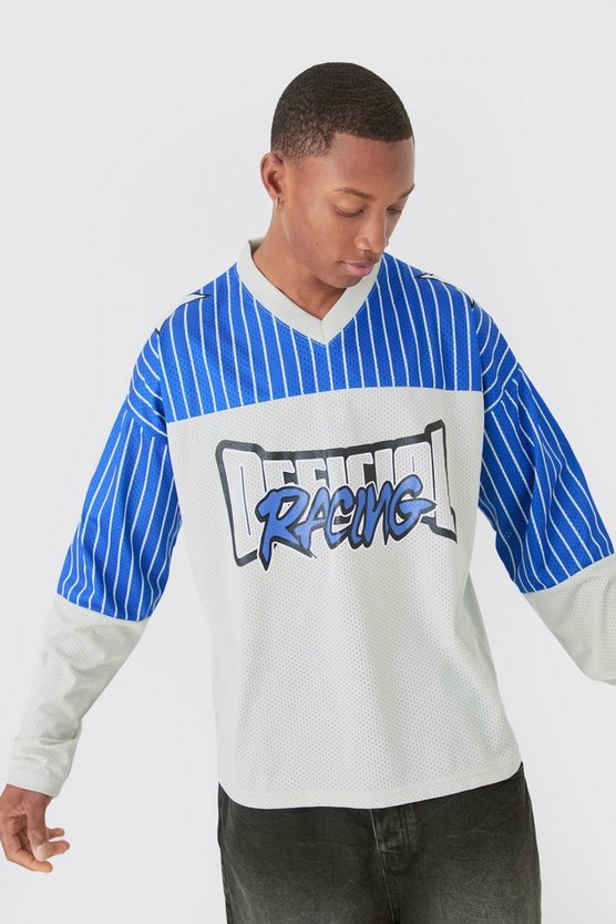 Langärmliges Oversize Mesh-Oberteil mit Official Streifen