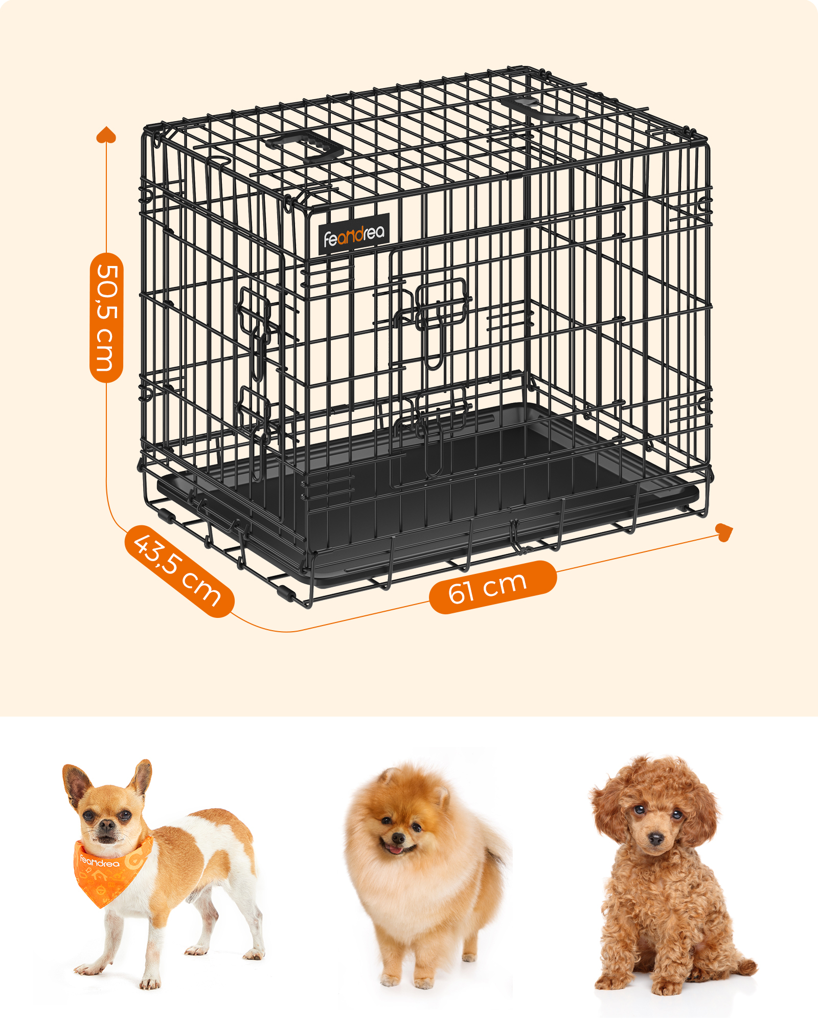 FEANDREA Transportboxen & Gitterboxen FEANDREA S-XXL Hundekäfig mit 2 Türen 61 cm, 43,5 cm, 50,5 cm