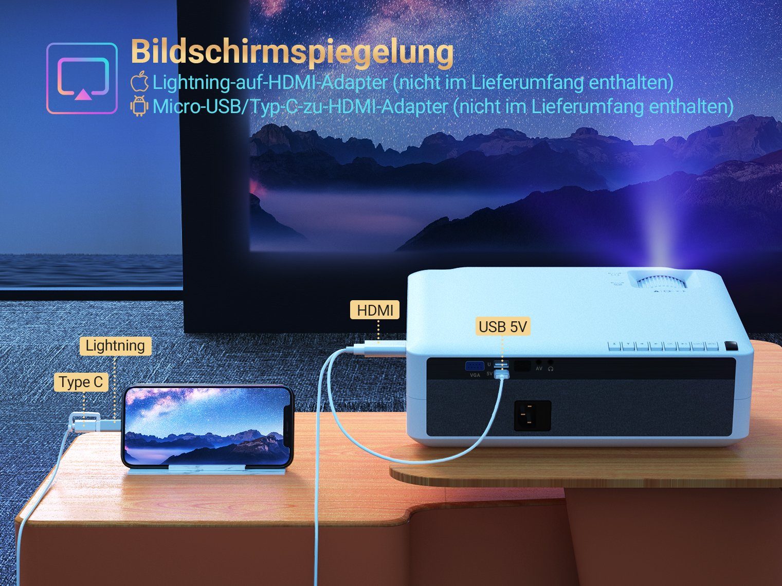 VANKYO Performance V630W Beamer (7000 lm, 1000:1, 1920*1080 px, WiFi Mini Beamer 7000 Lux Full HD, Heimkino, Support HDMI iOS/Android)