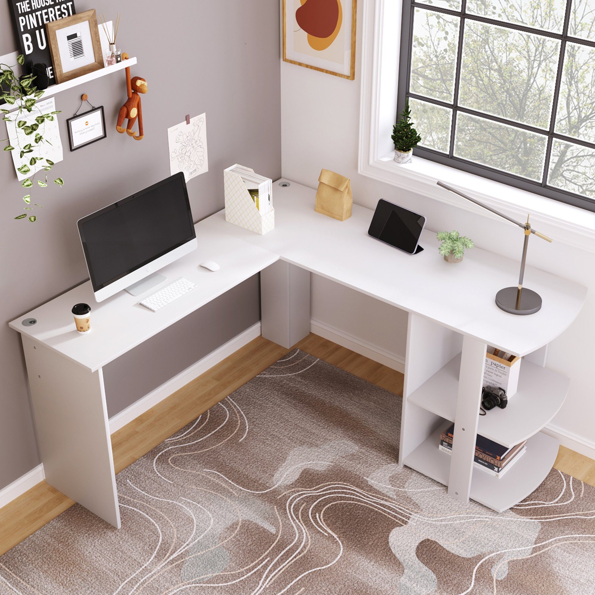 HAUSS SPLOE Schreibtisch Eckschreibtisch L-Förmig Bürotisch Arbeitstisch (140cm mit 2 Ablagen), Computertisch L-förmiger Eckschreibtisch, Weiß