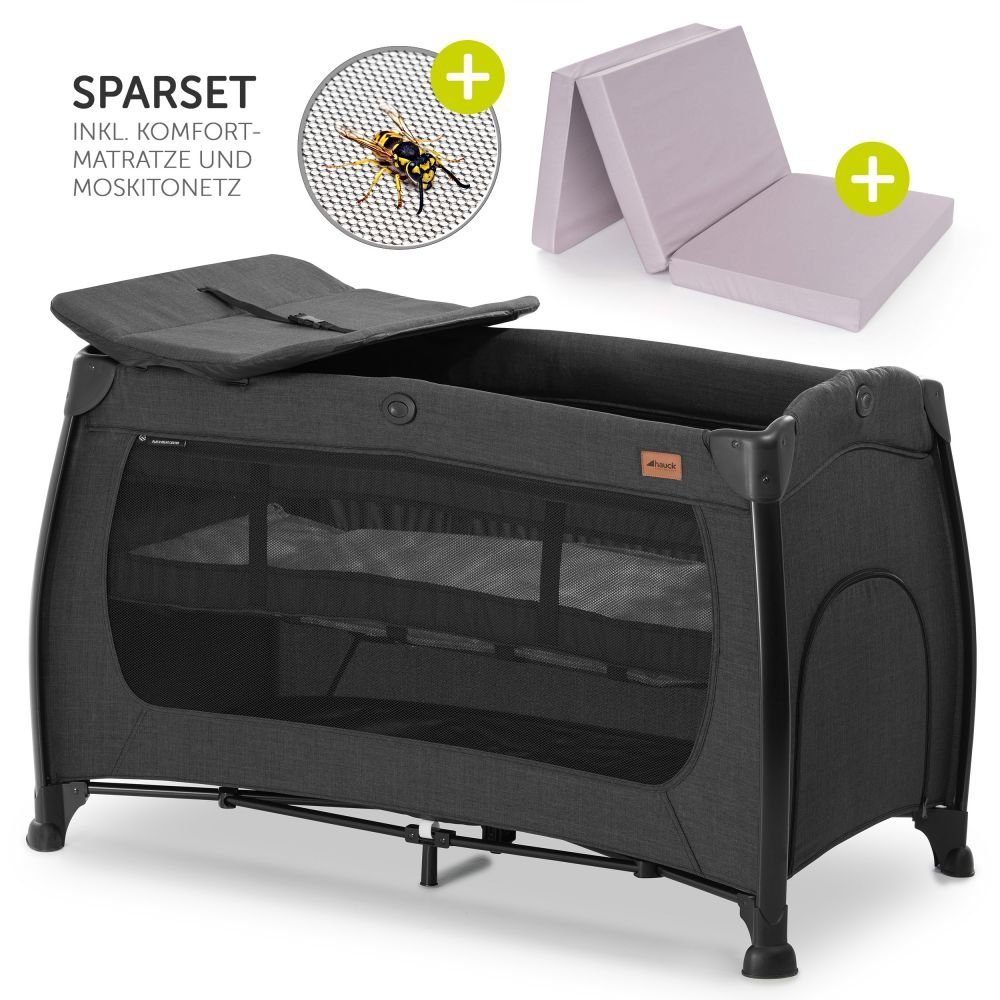 Hauck Baby-Reisebett Play'n Relax Center - Melange Black, 7-tlg., Kinderreisebett mit Matratze, Insektenschutz, Wickelauflage, Einhang