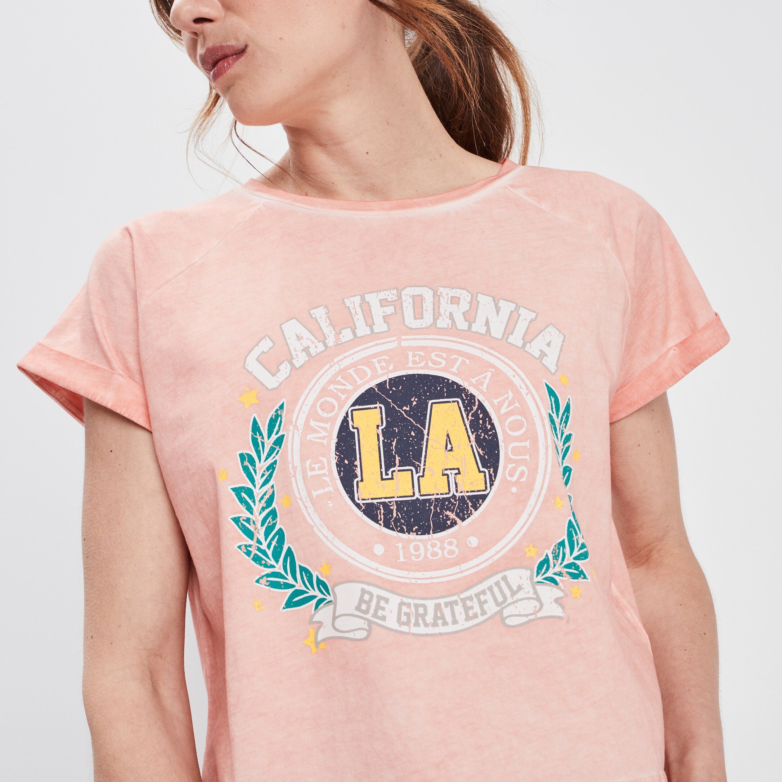 T-shirt cropped à col rond rose femme | La Halle