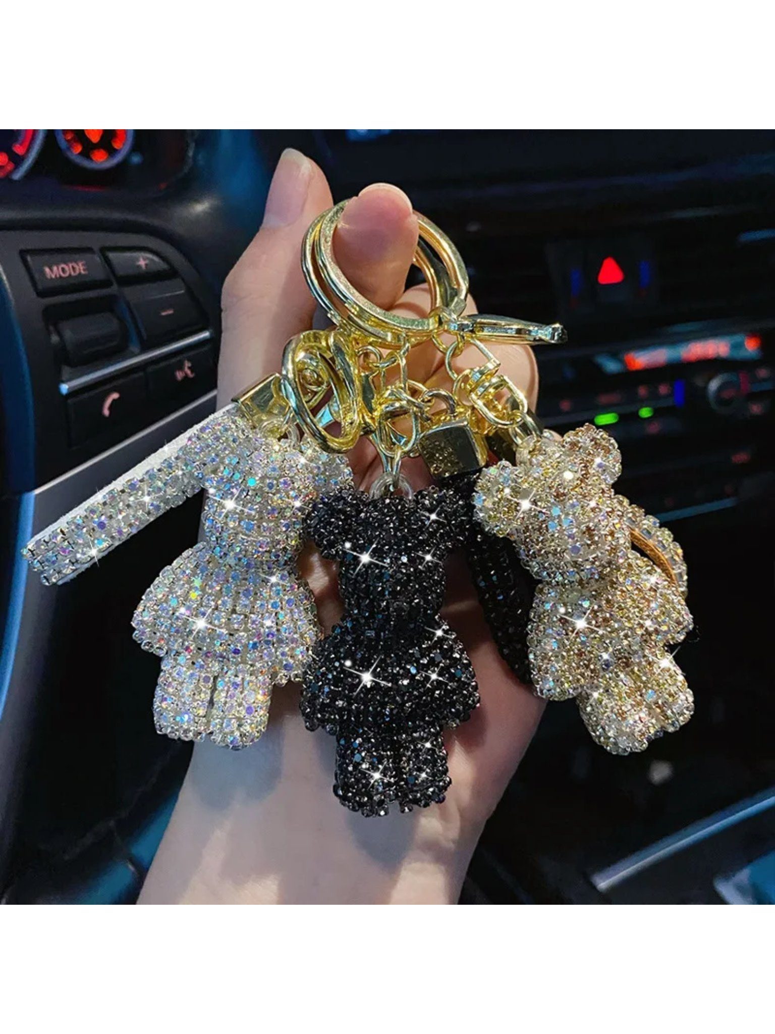 Steinfixx® Schlüsselanhänger Edler Strass Teddybär Cartoon Schlüsselanhänger mit Lederband (Teddybär Anhänger mit Schlüsselring und Karabinerhaken sowie Schlaufe), Schlüsselanhänger - Handyanhänger reich bestückt mit Rhinestones