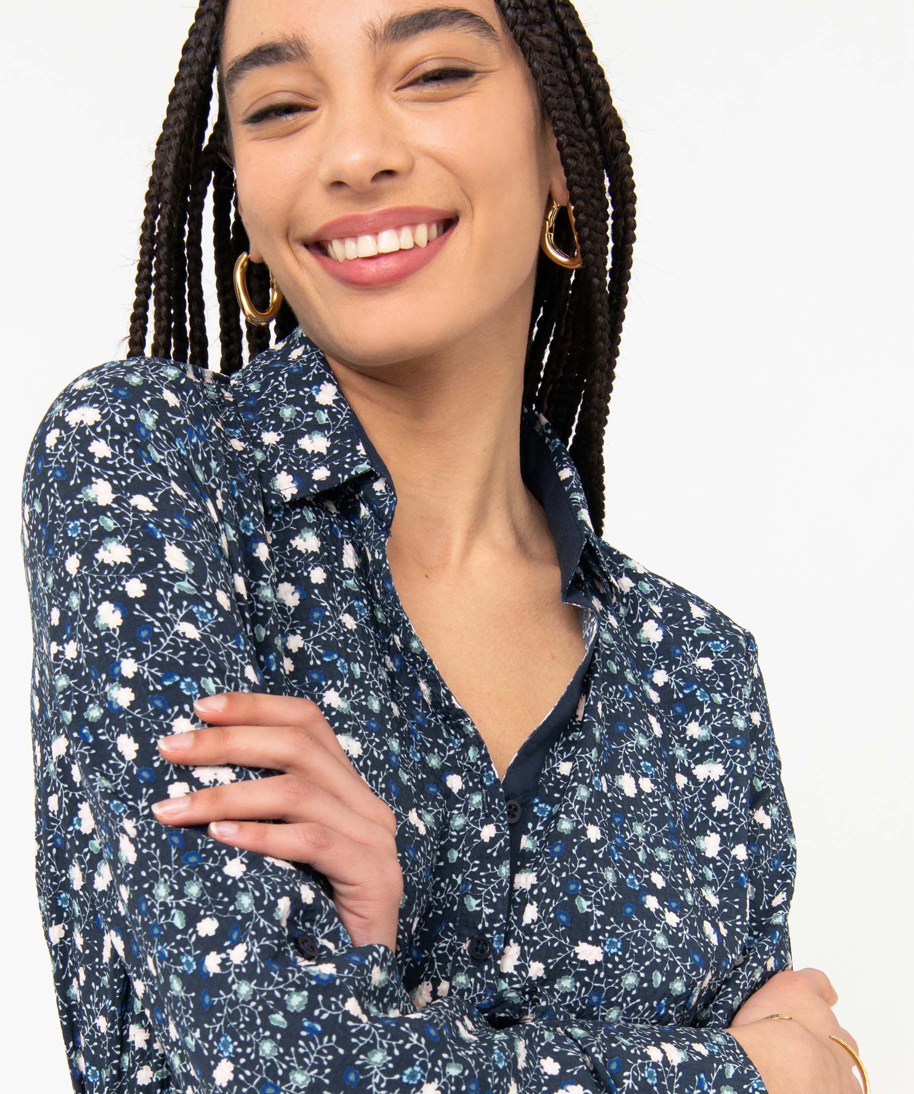 Chemise femme à motifs fleuris avec manches retroussables imprime | GEMO