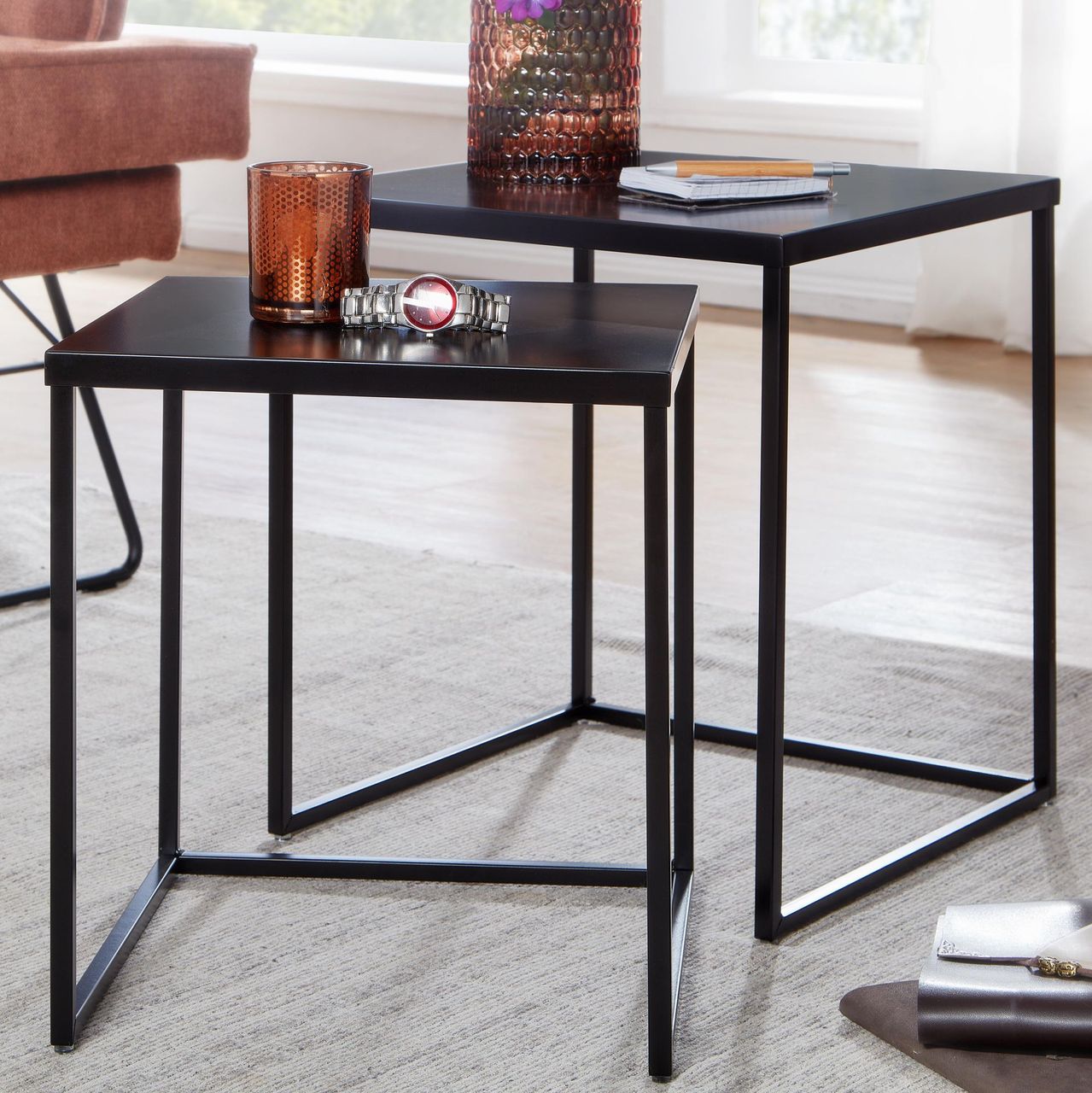 Skyport WOHNLING Beistelltisch Metall Satztisch 2 teilig Couchtisch Tisch Set Schwarz