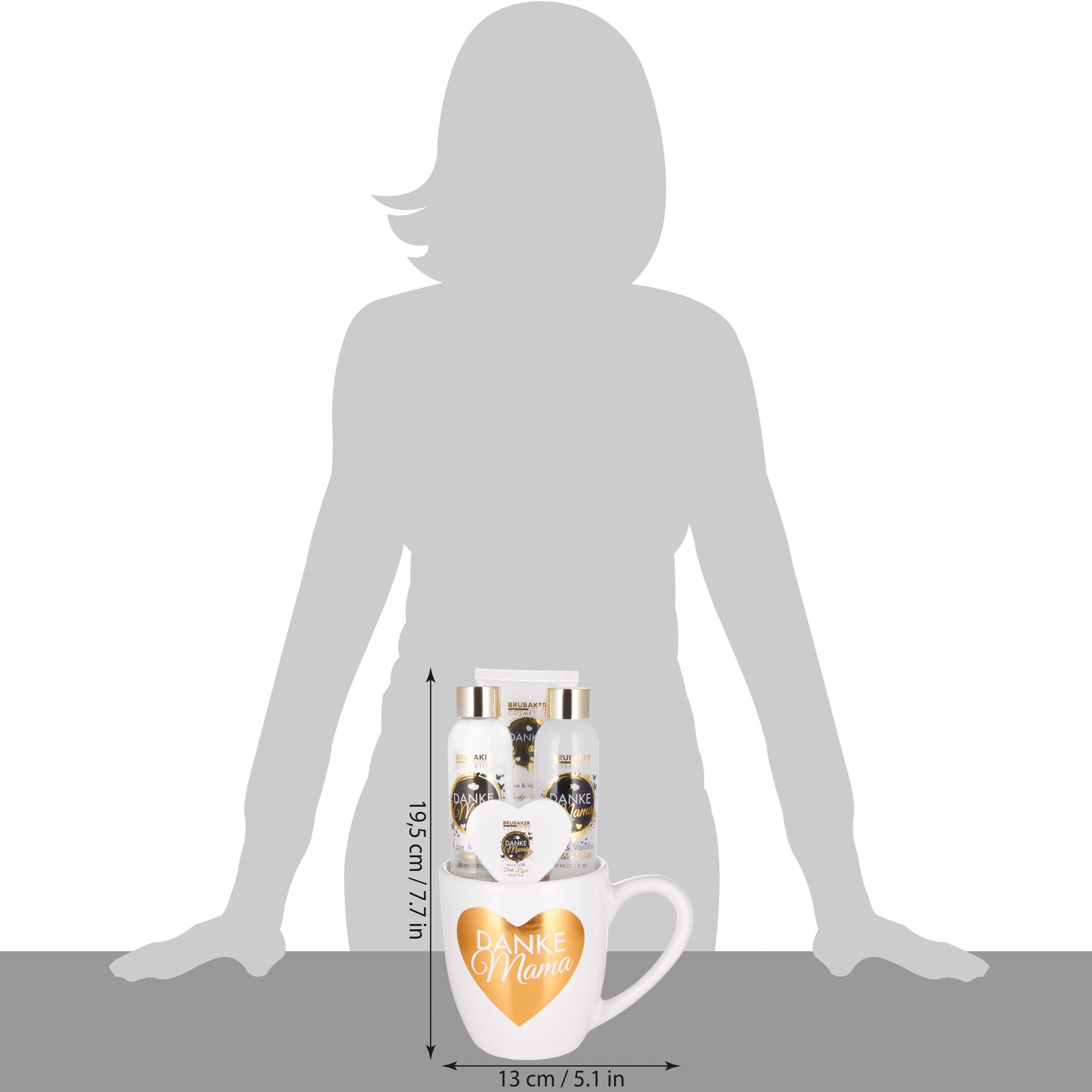 BRUBAKER Pflege-Geschenkset Danke Mama - Dusch- und Badeset mit Rosen Vanille Duft, 5-tlg., Mutter Geschenkset in Kaffeetasse mit Herz Dekor - Weiß Gold