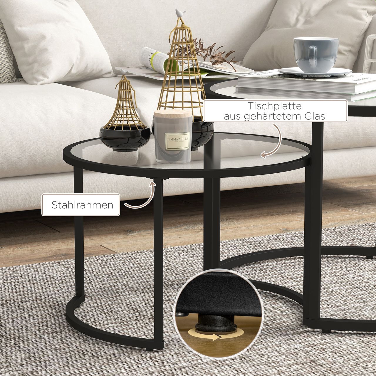 HOMCOM Couchtisch 2er-Set, Beistelltisch mit Stahlgestell, Kaffeetisch, Schwarz