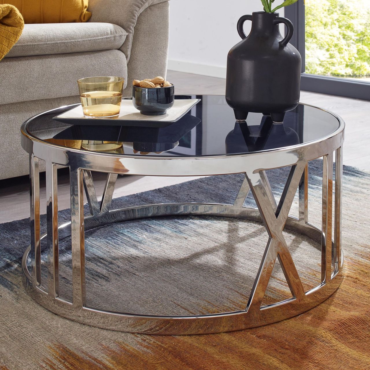 Skyport WOHNLING Couchtisch Glas Sofatisch Ø 60 cm Tisch Wohnzimmertisch Rund Silber