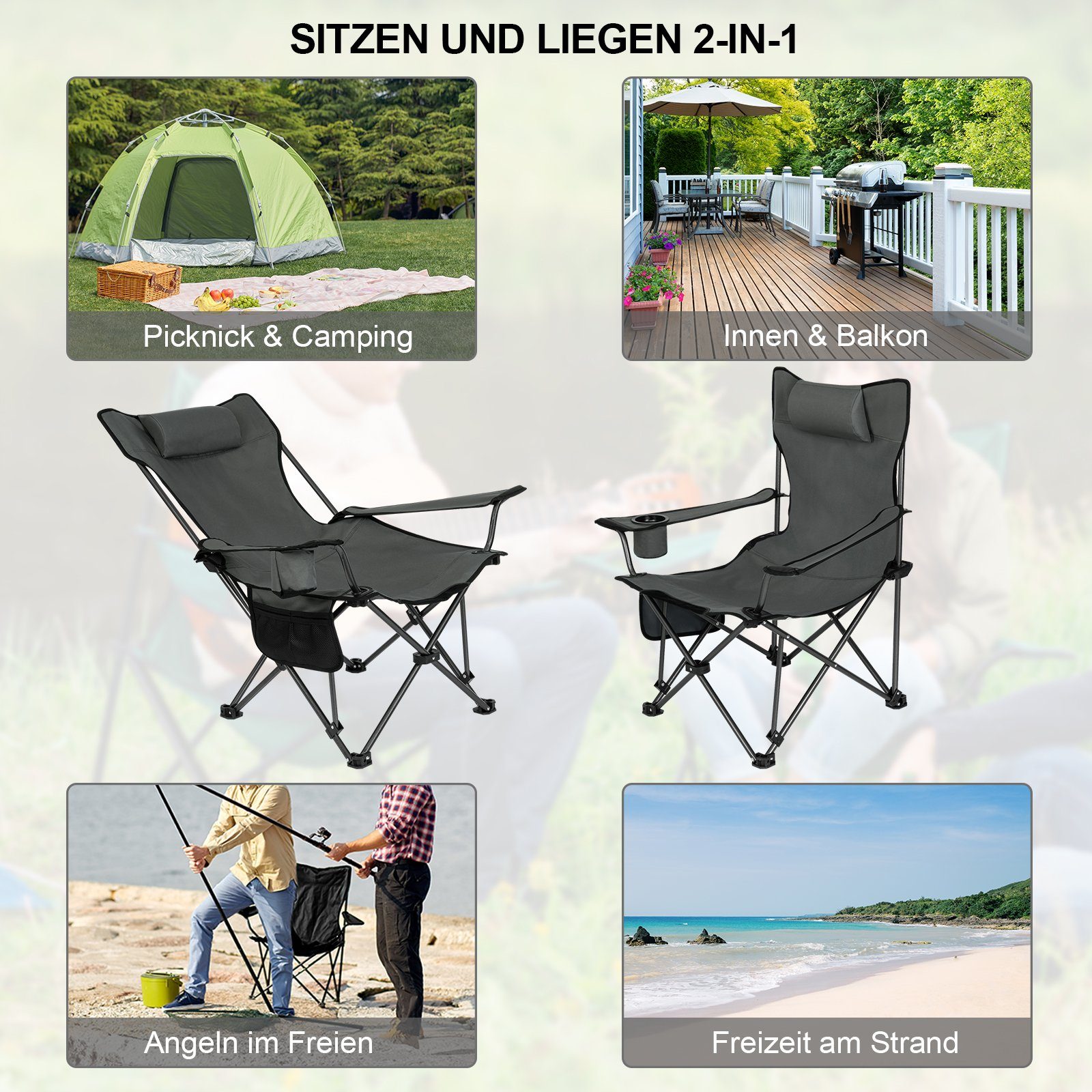 Woltu Campingstuhl (2 St), Klappbarer, leicht, mit Lehne Getränkehalter