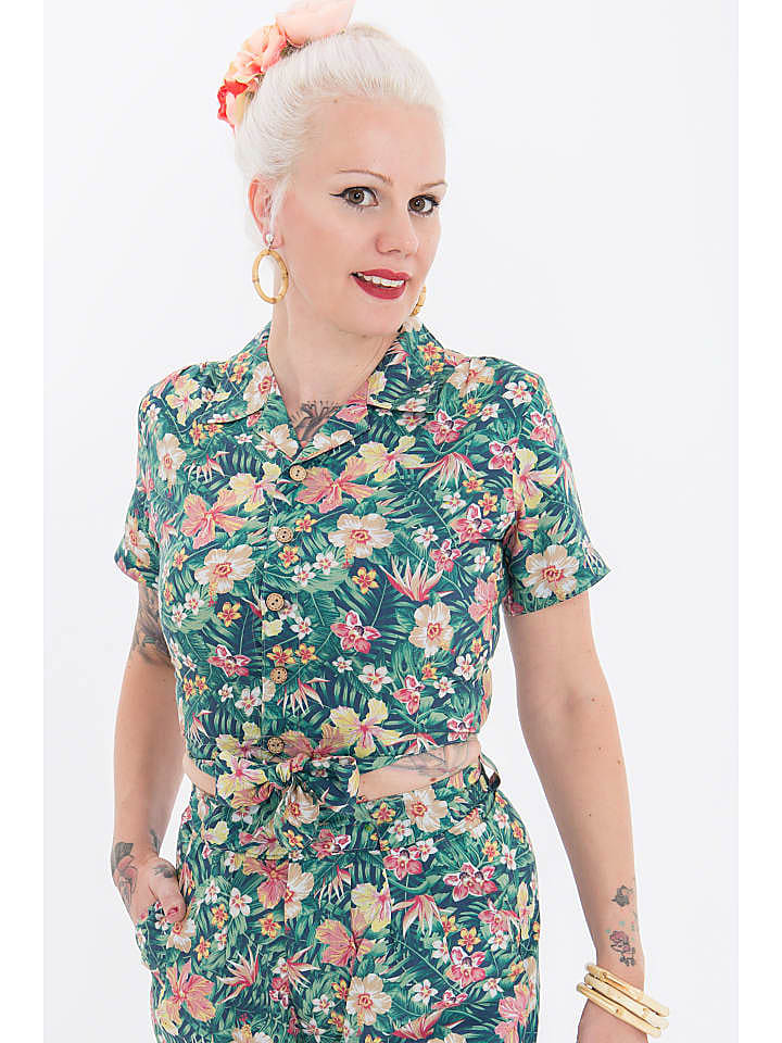 Queen Kerosin Queen Kerosin Bluse mit tropischem Muster in grün günstig kaufen XXL
