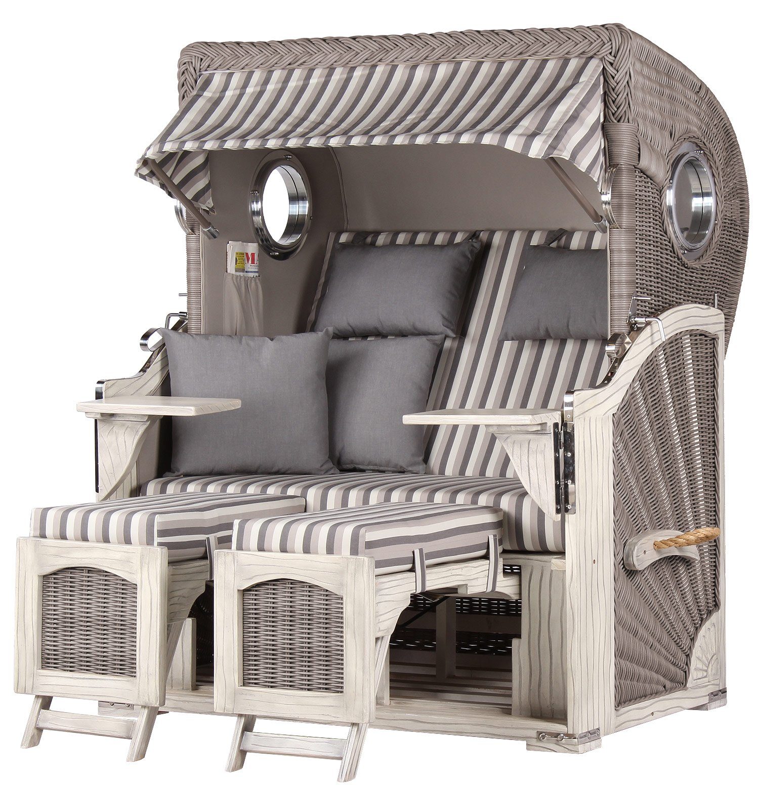 bene living Strandkorb Ammersee Mahagoni - Koboo washed grey - Modell 545, BxTxH: 125x80x165 cm, Volllieger ca. 175 Grad, Ostsee-Strandkorb, inkl. Liftersystem und Bullaugen