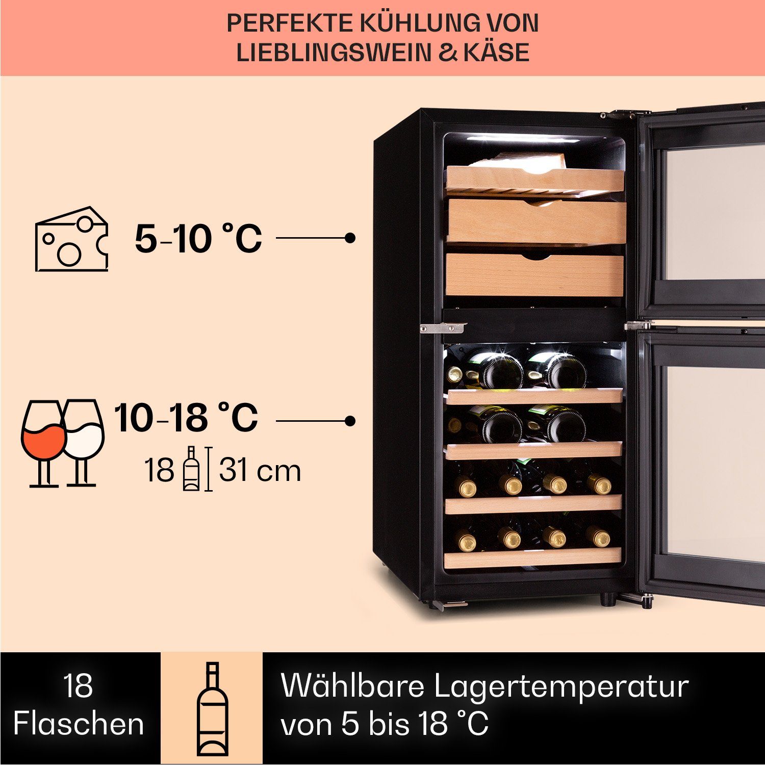 Klarstein Weinkühlschrank El Dorado, für 38 Standardflaschen á 0,75l,Wein Flaschenkühlschrank Weintemperierschrank Weinschrank Kühlschrank