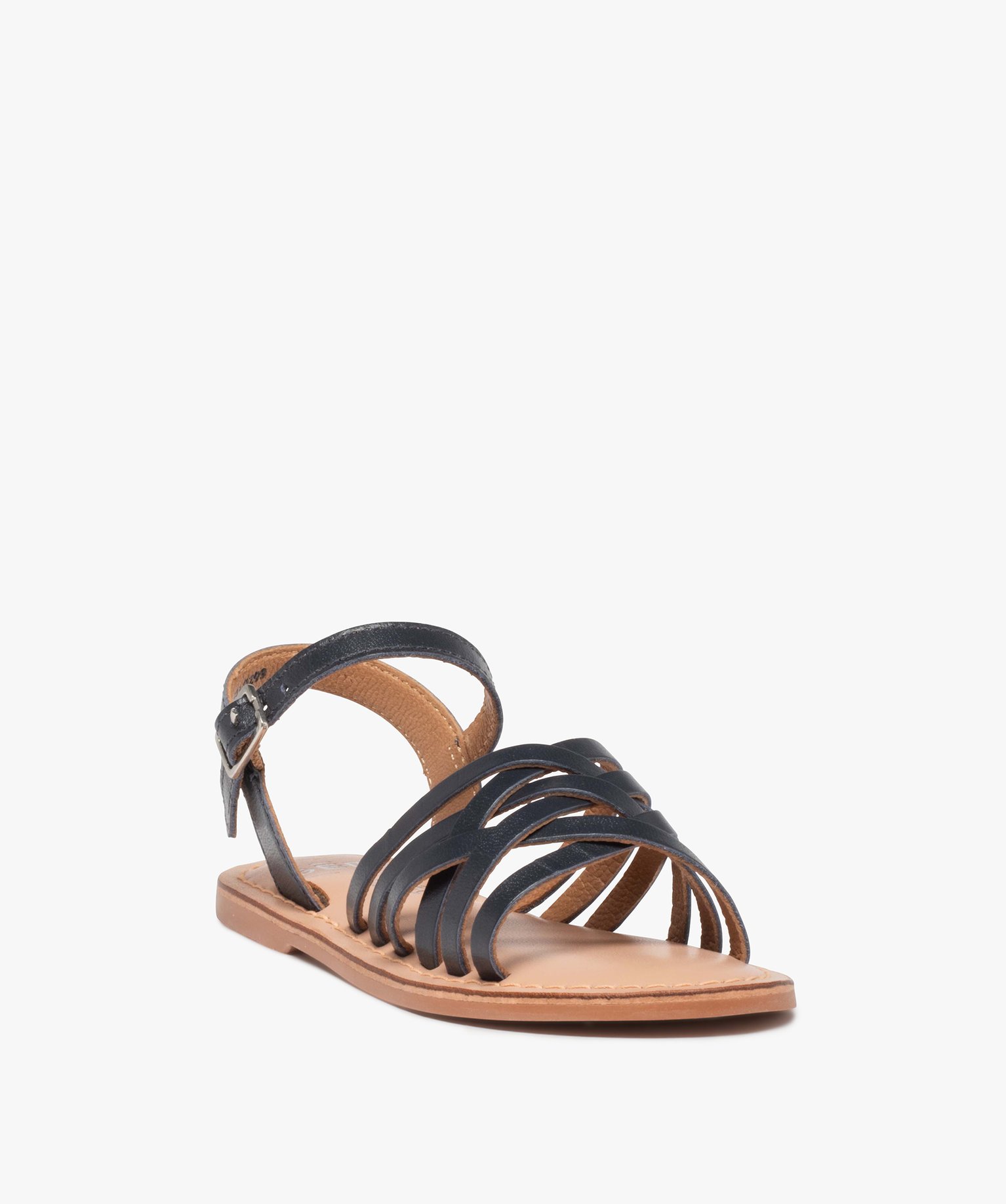 Sandales fille unies à fines brides entrelacées en cuir marine | GEMO