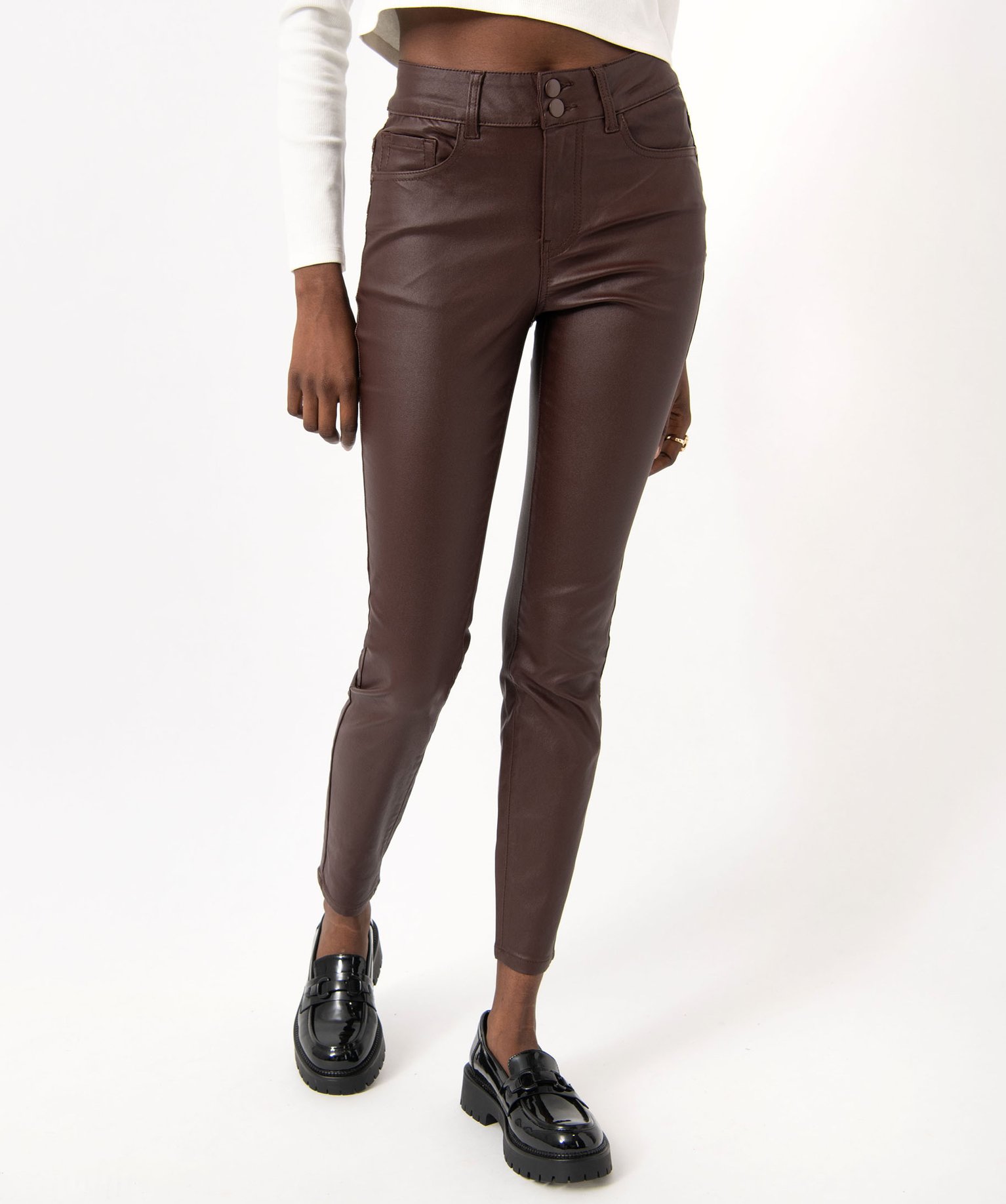 Pantalon enduit taille haute coupe skinny push-up femme marron | GEMO