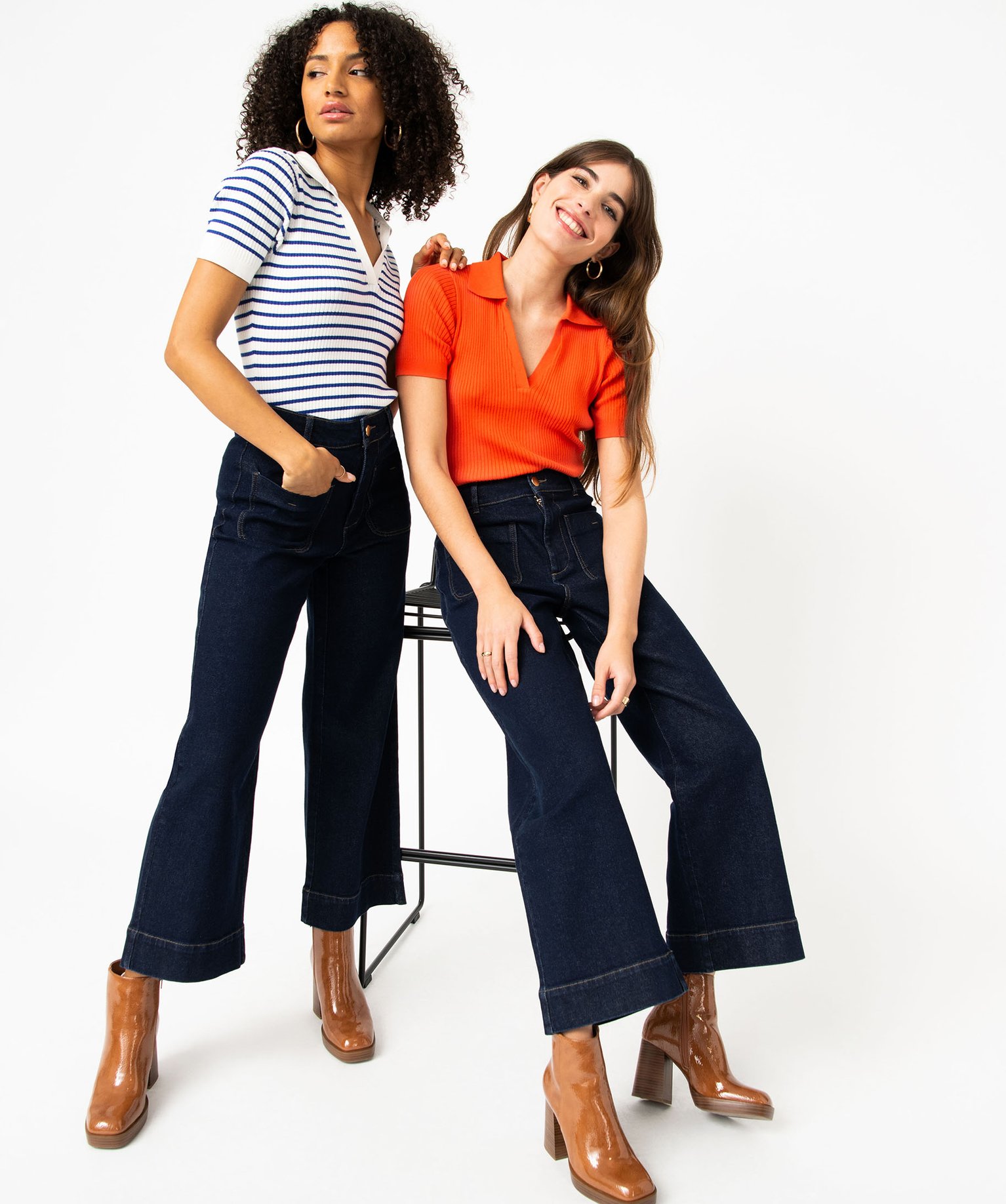 Jean wide leg taille haute avec poches plaquées femme bleu fonce | GEMO