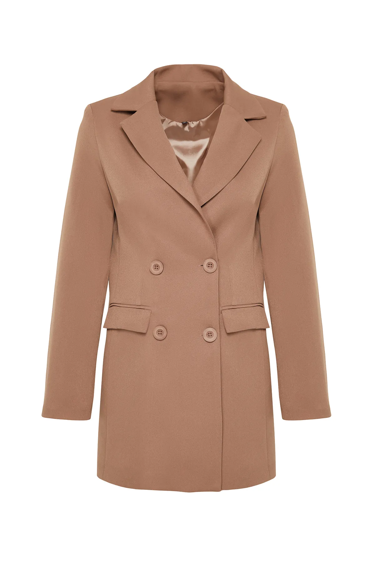 Trendyol Modest  Hellbraune, gewebte Blazerjacke mit Doppelknopfdetail, gefütterten Taschen TCTSS22CE0250