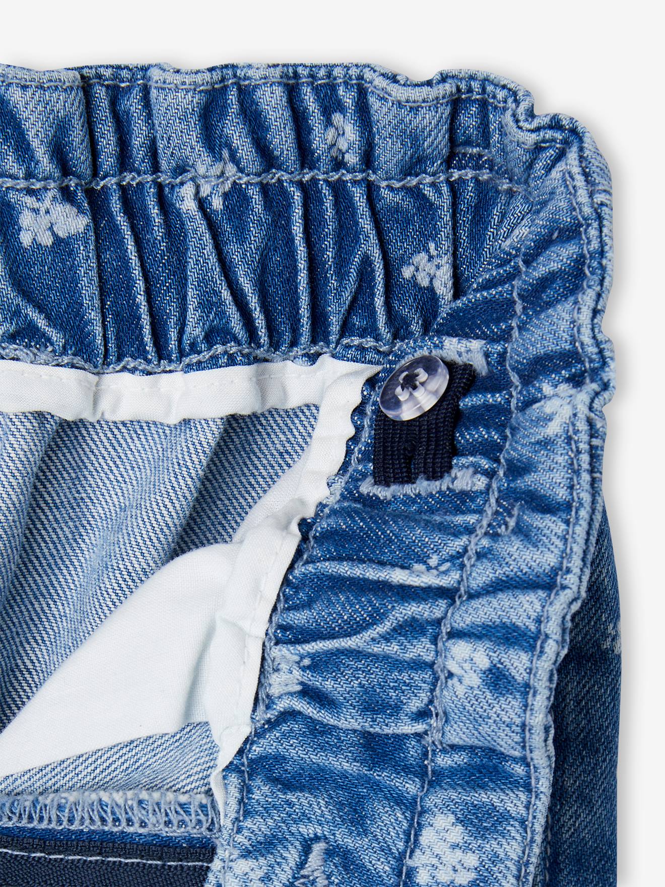 Vertbaudet Weite Mädchen Paperbag-Jeans Blumenmotive - blue stone