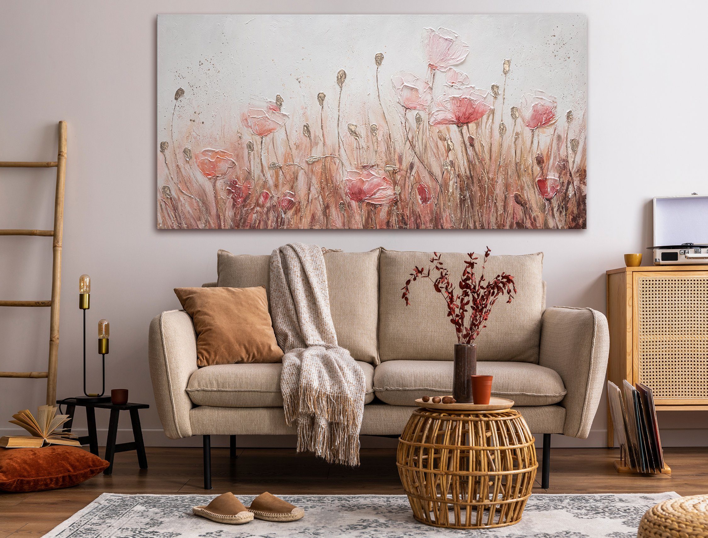 YS-Art Gemälde April, Blumen, Mohnblumen Rosa Flieder Leinwand