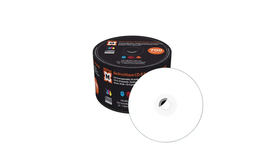 Müller CD-R 700MB I 80min, 52-fache Schreibgeschwindigkeit, vollflächig bedruckbar (Tintenstrahldrucker), 50er Pack