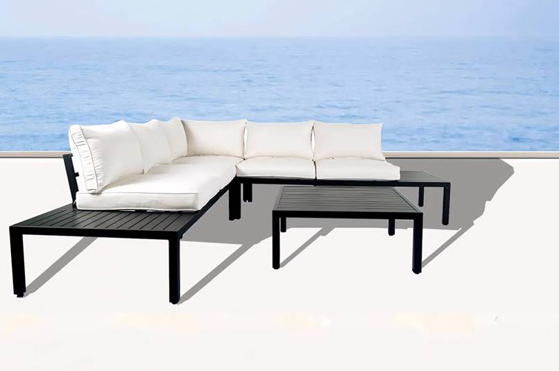 Never Indoor Aluminium Eckloungeset 14 tlg. mit Tischablage & Polsterkissen schwarz / creme