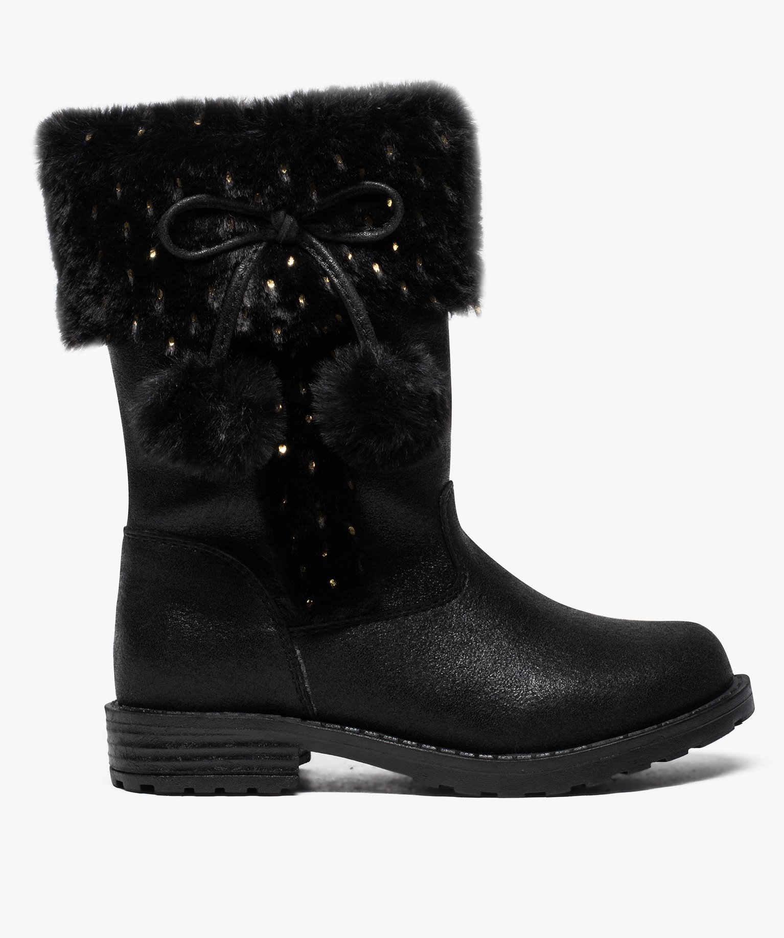 Bottines filles zippées à col duveteux et pompons noir | GEMO