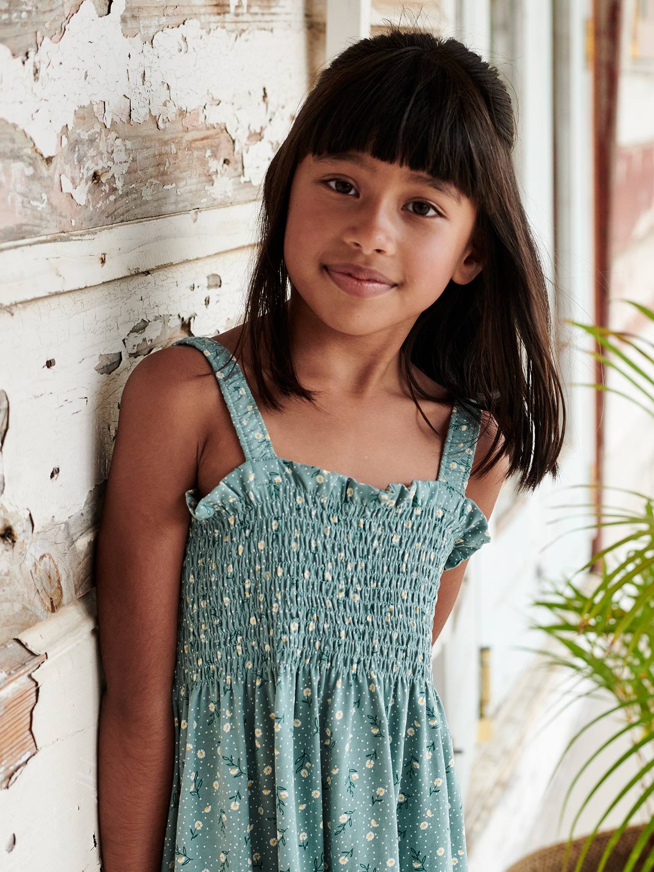 Robe smockée à bretelles motifs fleurs fille vert émeraude