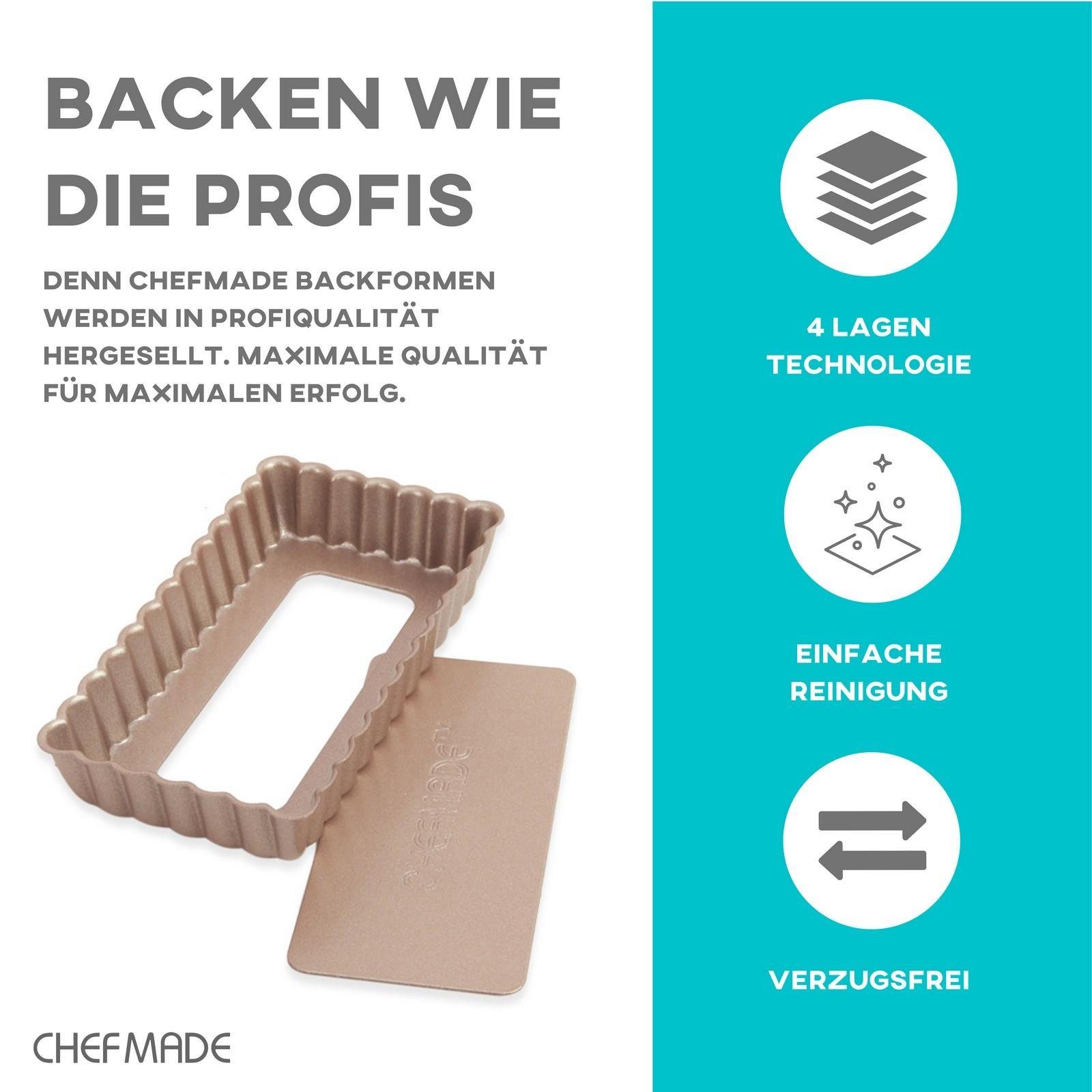 Chefmade Tarteform 4er Mini Tarteform Backform 116x20mm Quicheform, (CHEFMADE, 4er Set Mini Tarteform, 116x20mm, Champagnergold, antihaft- & silikonbeschichtet, Quicheform, Dessertkuchen, Pie Form klein, Minikuchen, Hebebodenform, Karbonstahl 4-tlg),