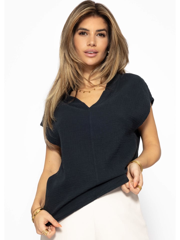 SASSYCLASSY Musselin Shirt mit V-Ausschnitt in Schwarz günstig kaufen