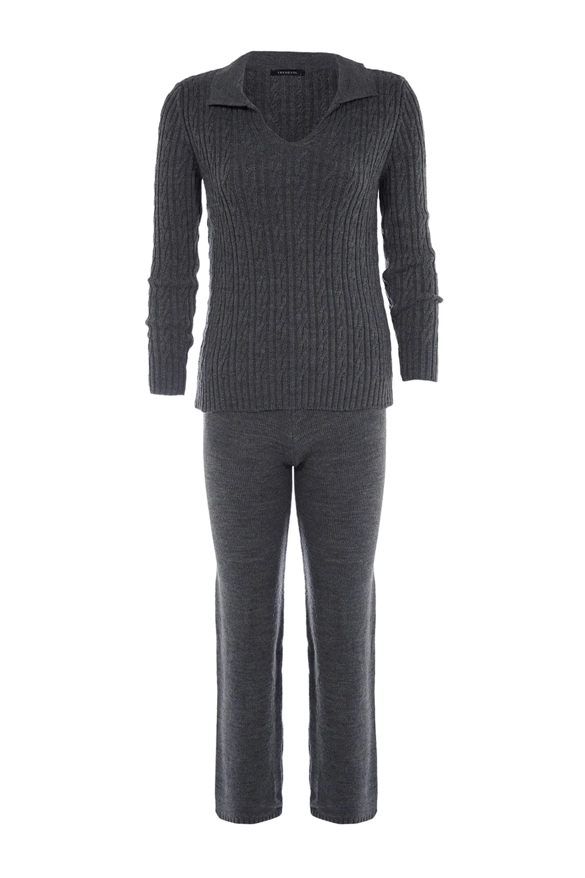 Trendyol Collection  Anthrazitfarbenes Strickoberteil und -unterteil mit Zopfmuster TWOAW23AU00024