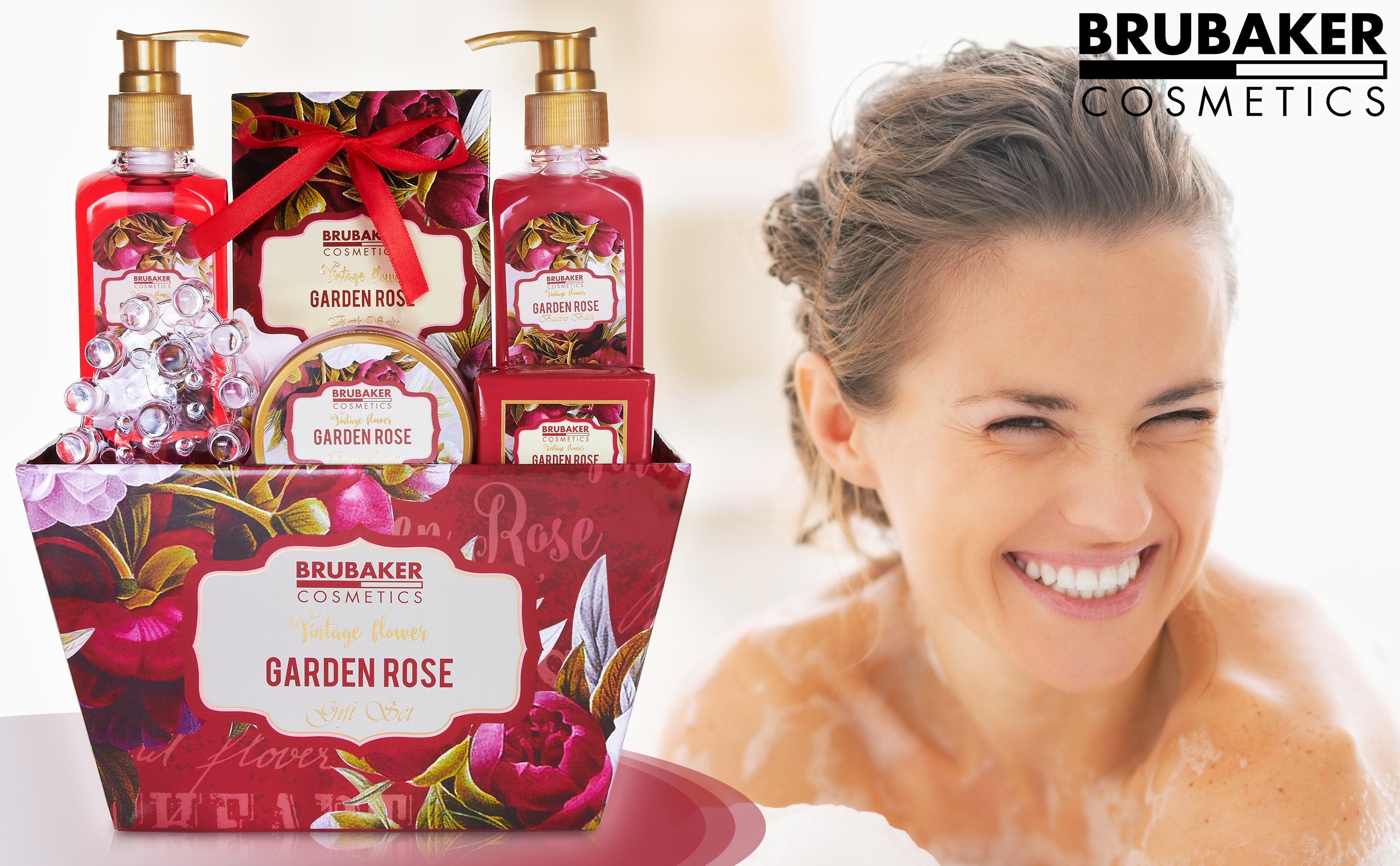 BRUBAKER Körperpflege-Set Bade- und Dusch Set, 7-tlg., Geschenkset mit Massage-Acryl, Rosen- und Veilchen Duft