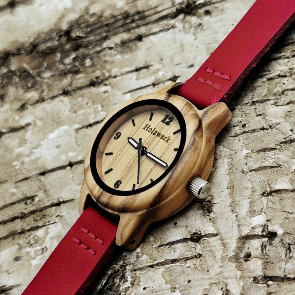 Holzwerk Quarzuhr CLARA RED kleine Kinder Holz & Leder Armband Uhr, dunkel rot, beige