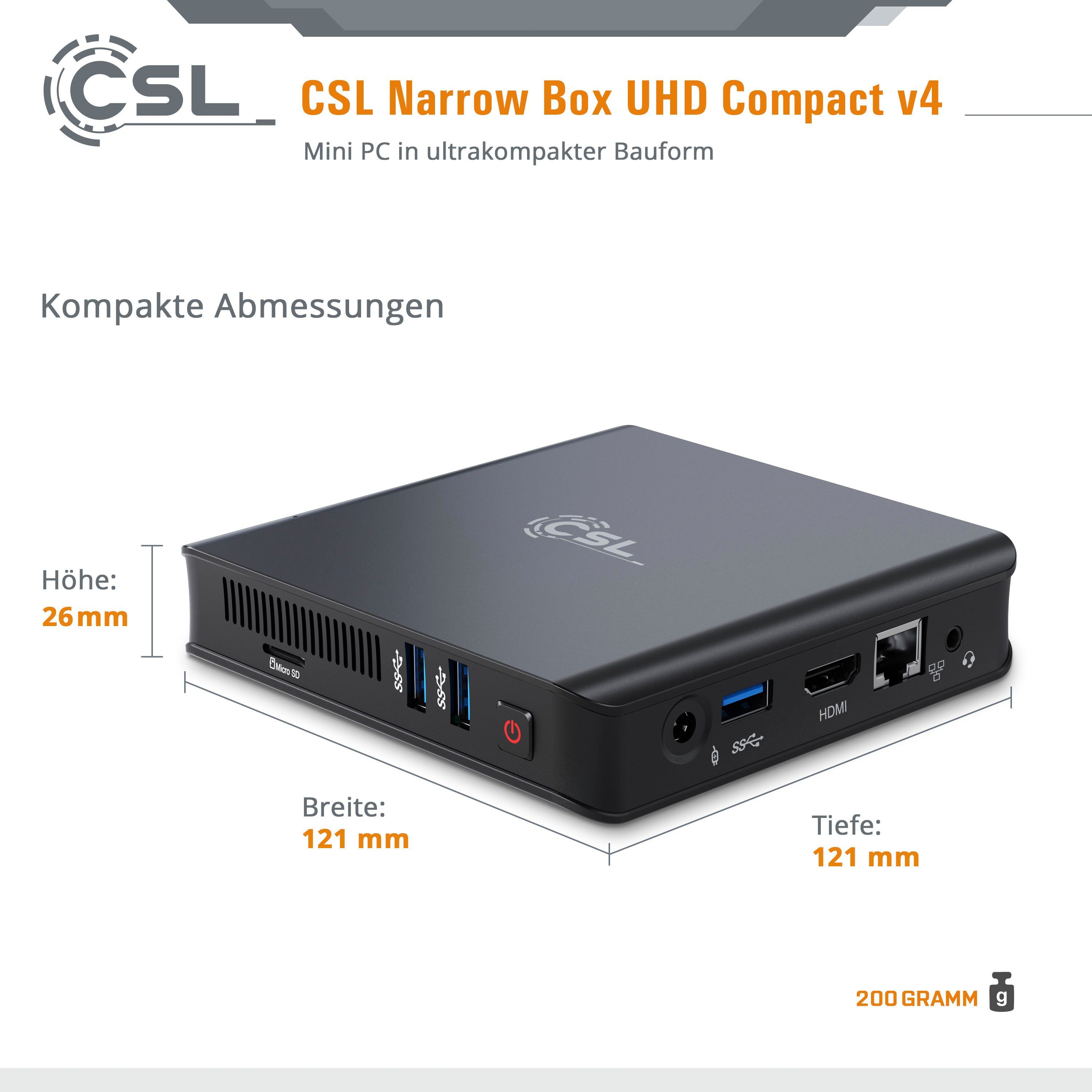 CSL Narrow Box Ultra HD Compact v4 / 256GB M.2 SSD/ Win 10 Mini-PC (Intel Celeron N4120, UHD Graphics 600, 4 GB RAM, passiver CPU-Kühler)