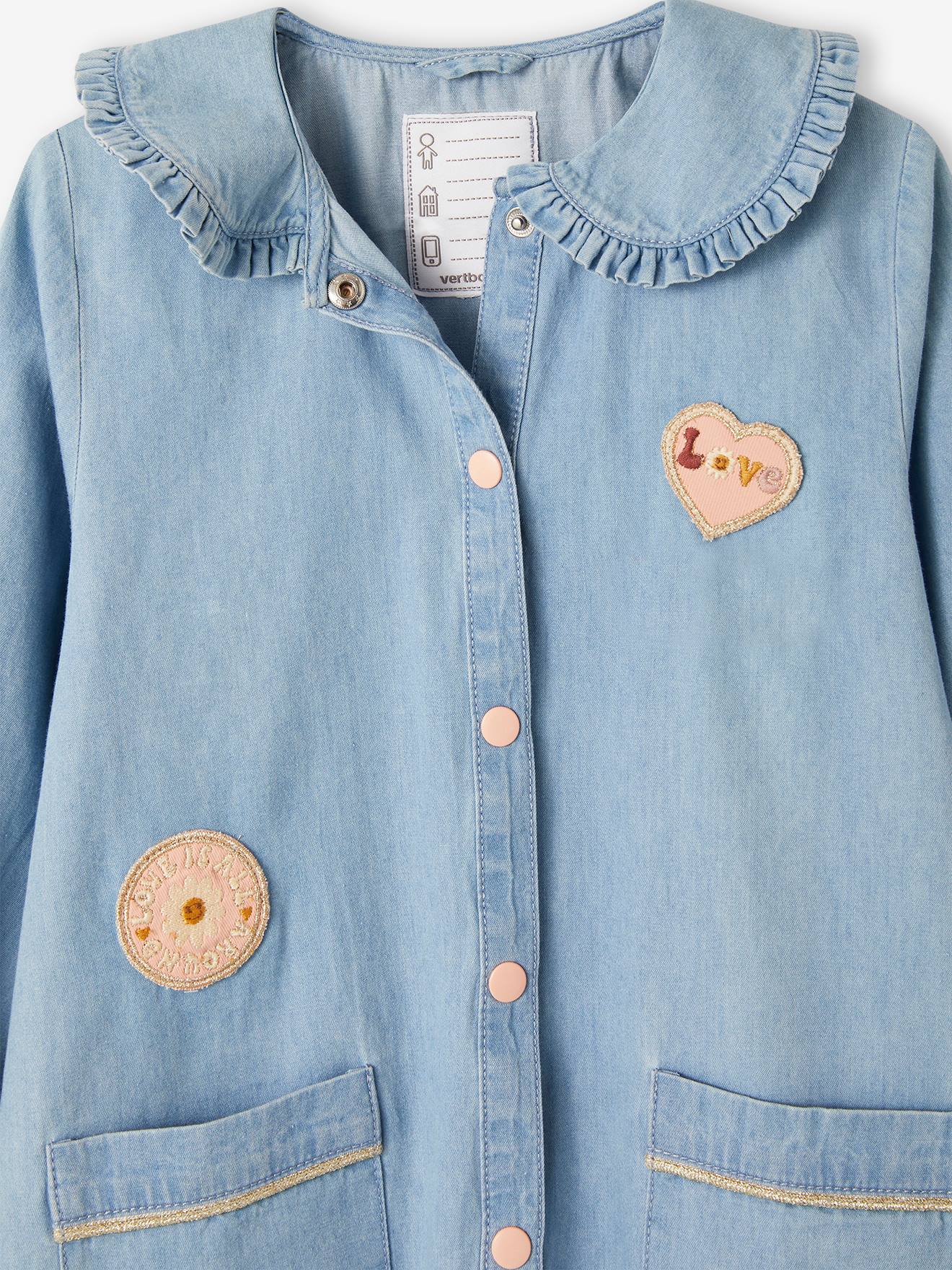 Tablier d'écolière en denim léger personnalisable fille bleu jean