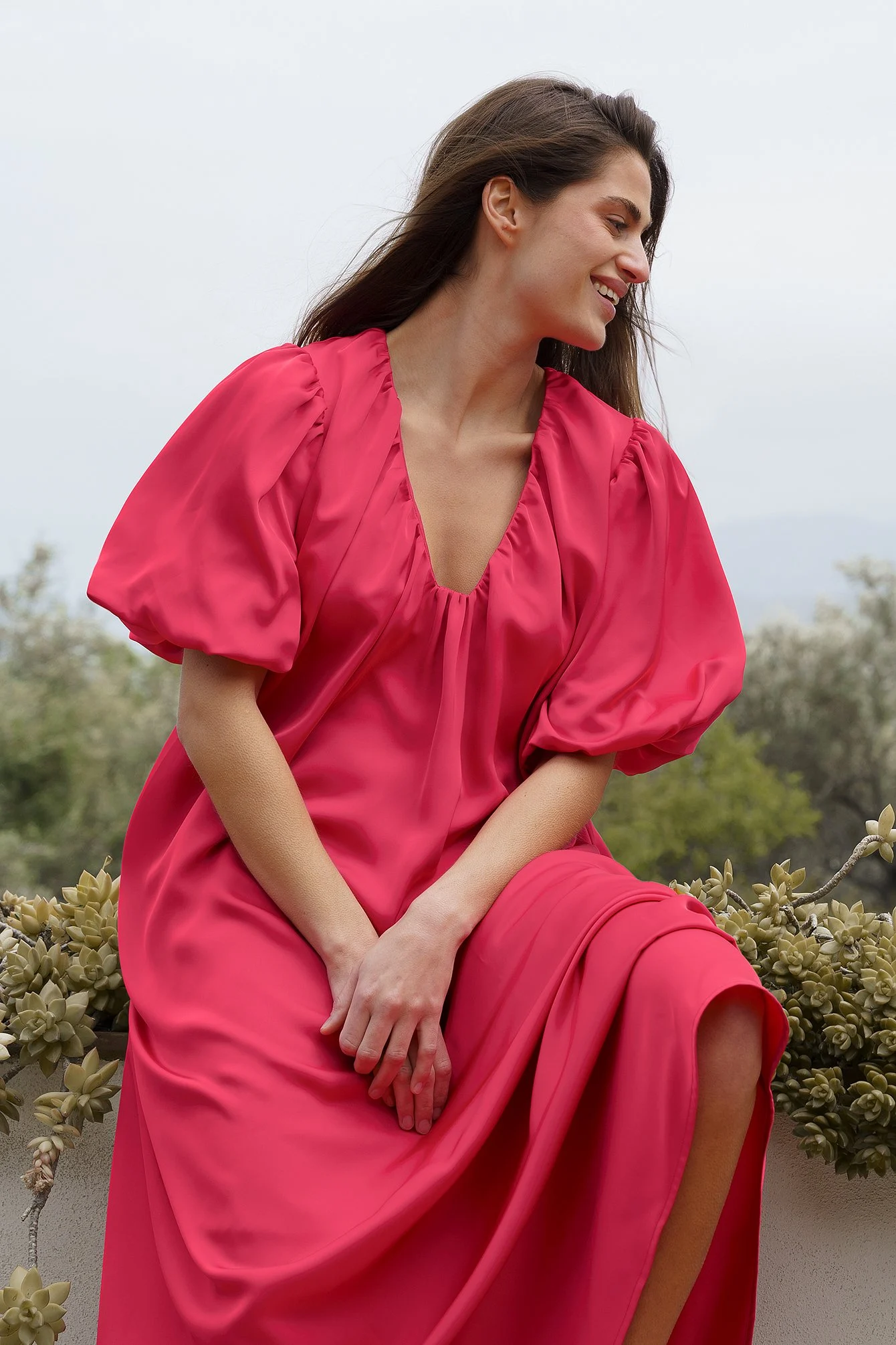 Deep Neck Puff Sleeve Satin Maxi Dress