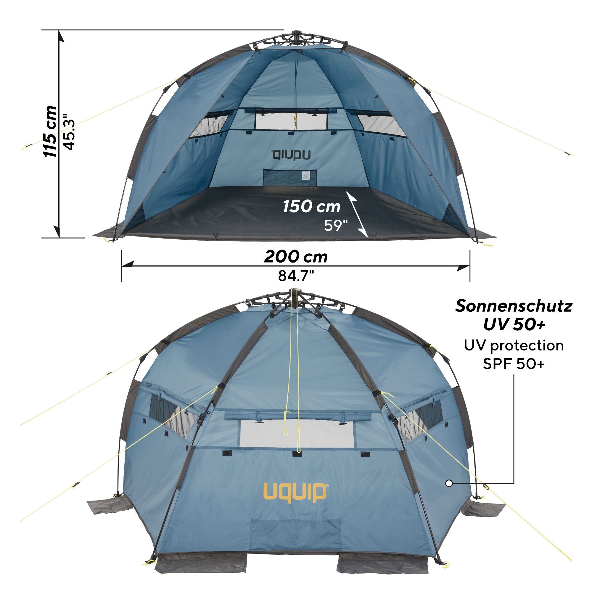 UQUIP Strandmuschel Strandzelt XL Speedy - Verschließbar mit Bodenplane, Blau, Personen: 3, einfaches Aufspannen durch Pop-Up Mechanismus